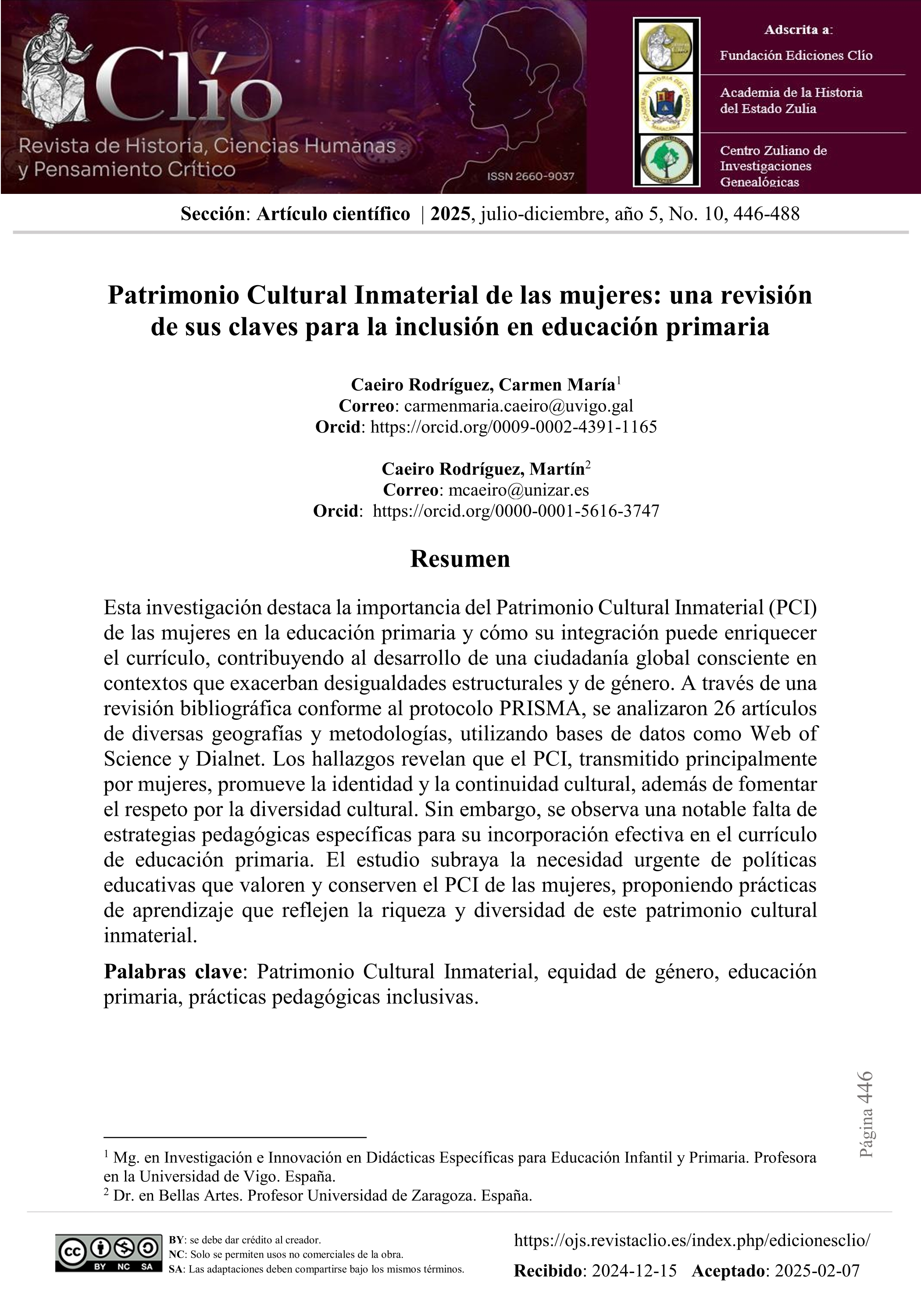 Patrimonio Cultural Inmaterial de las mujeres: una revisión de sus claves para la inclusión en educación primaria
