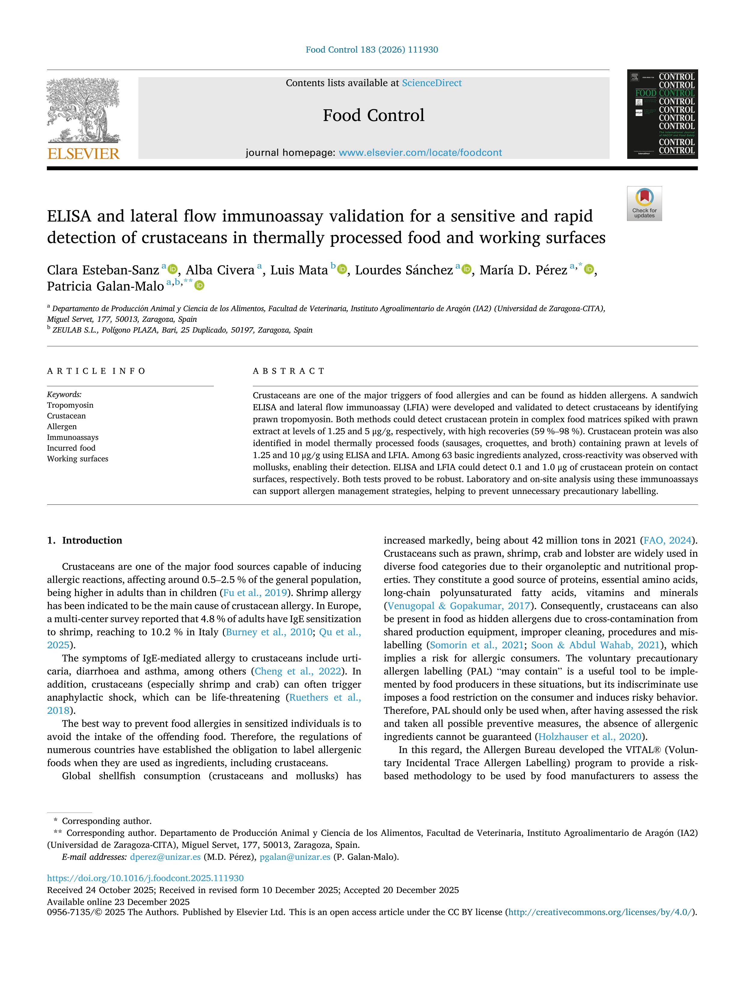 ELISA and lateral flow immunoassay validation for a sensitive and rapid detection of crustaceans in thermally processed food and working surfaces