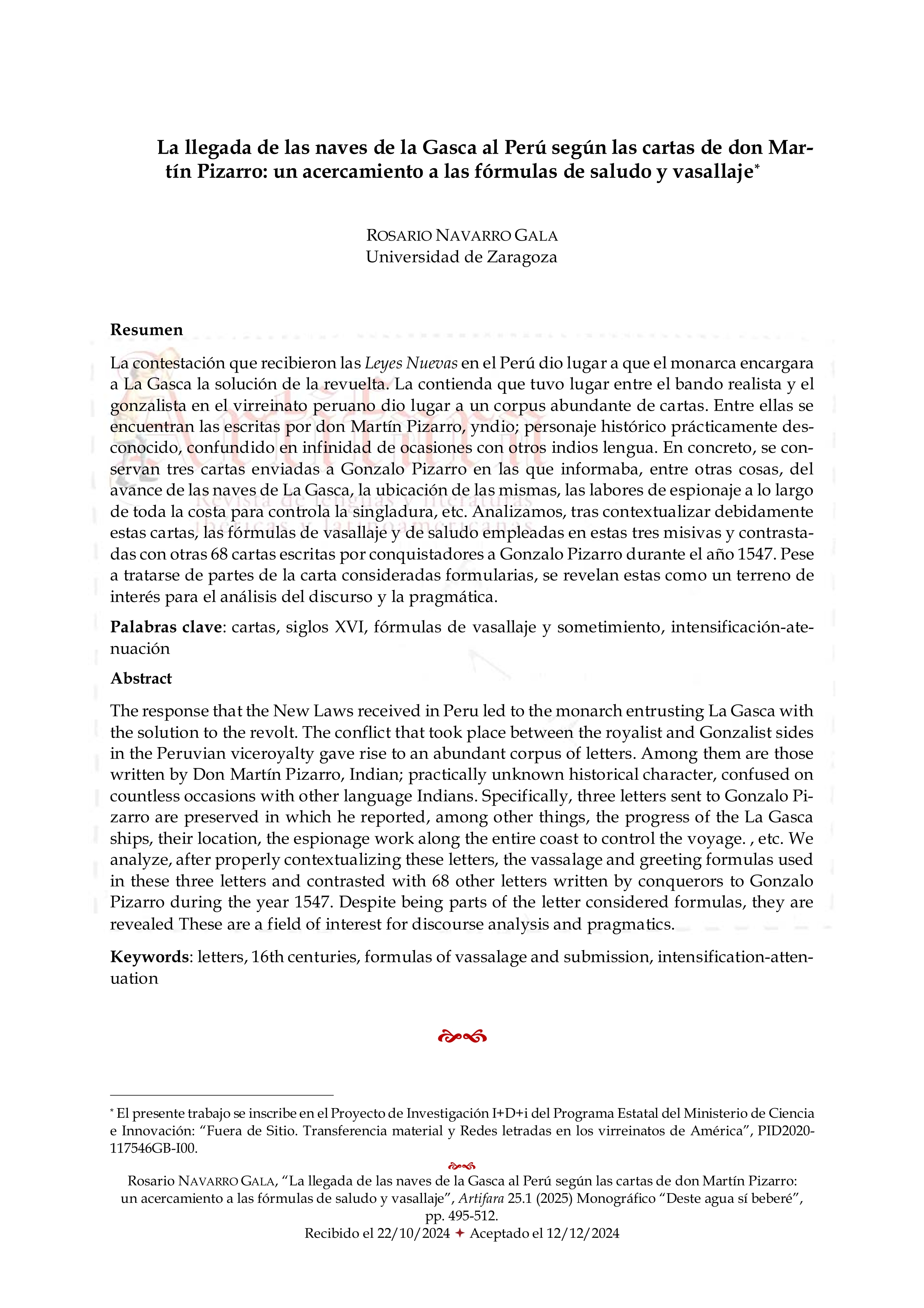 La llegada de las naves de la Gasca al Perú según las cartas de don Mar-tín Pizarro: un acercamiento a las fórmulas de saludo y vasallaje