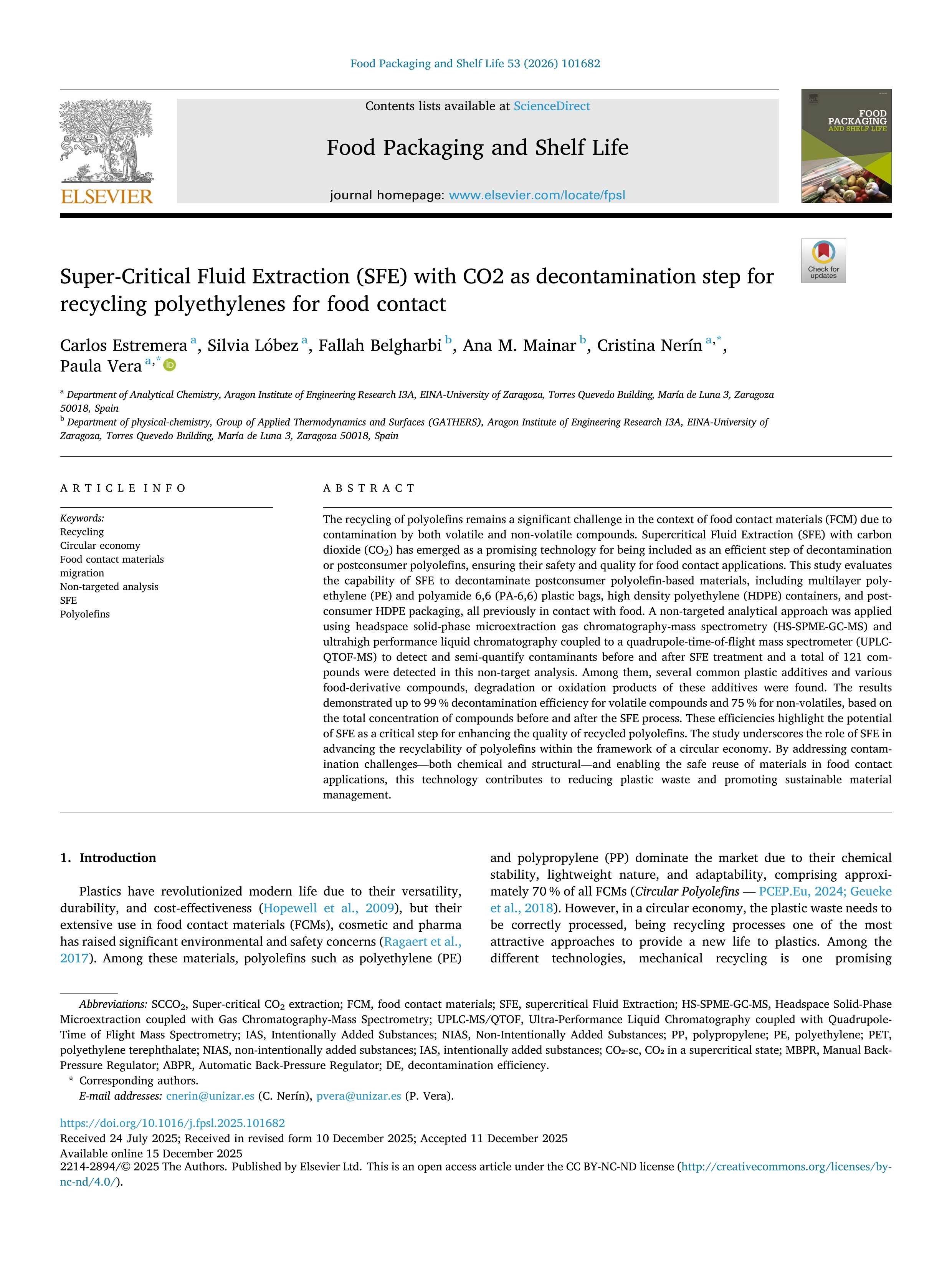 Super-Critical Fluid Extraction (SFE) with CO2 as decontamination step for recycling polyethylenes for food contact