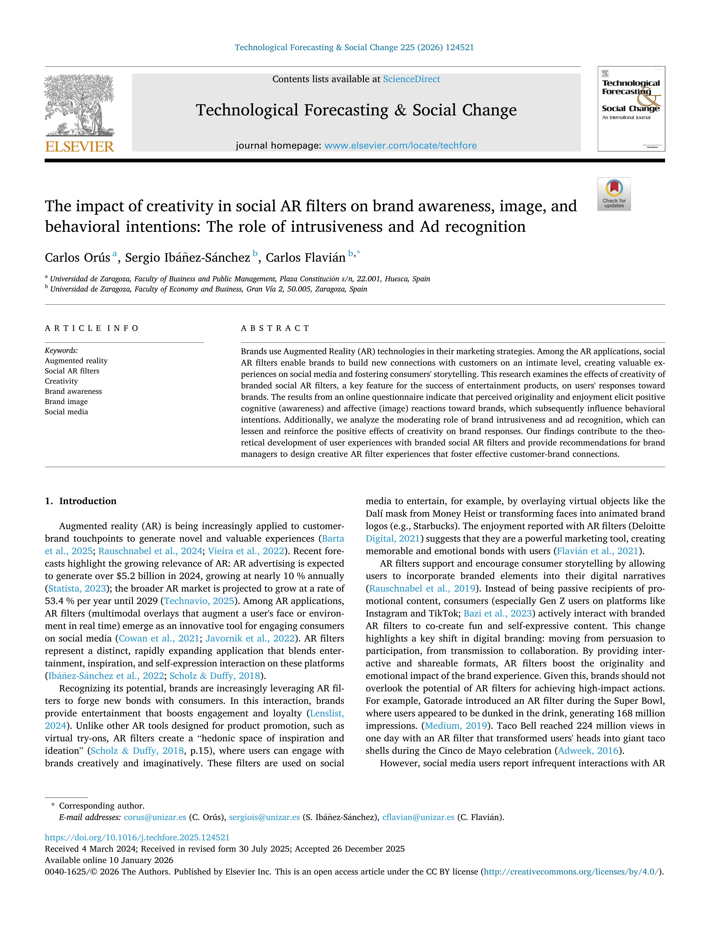 The impact of creativity in social AR filters on brand awareness, image, and behavioral intentions: The role of intrusiveness and Ad recognition