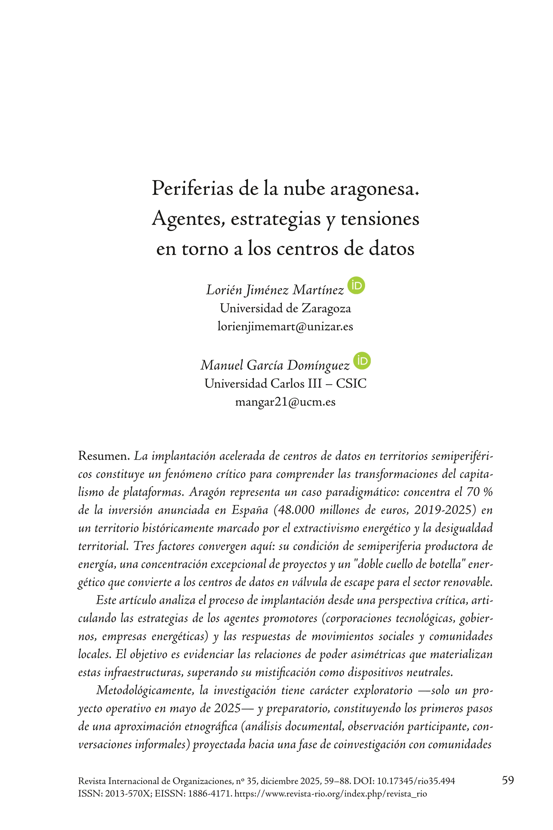 Periferias de la nube aragonesa. Agentes, estrategias y tensiones en torno a los centros de datos