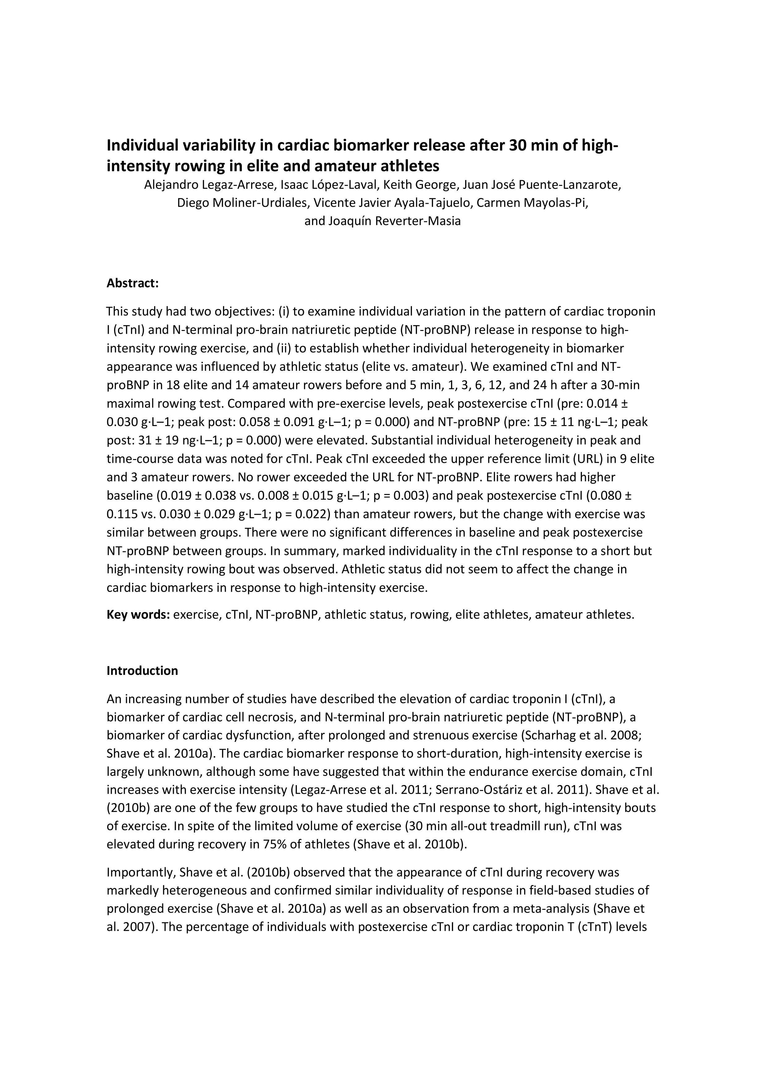 Individual variability in cardiac biomarker release after 30 min of high-intensity rowing in elite and amateur athletes