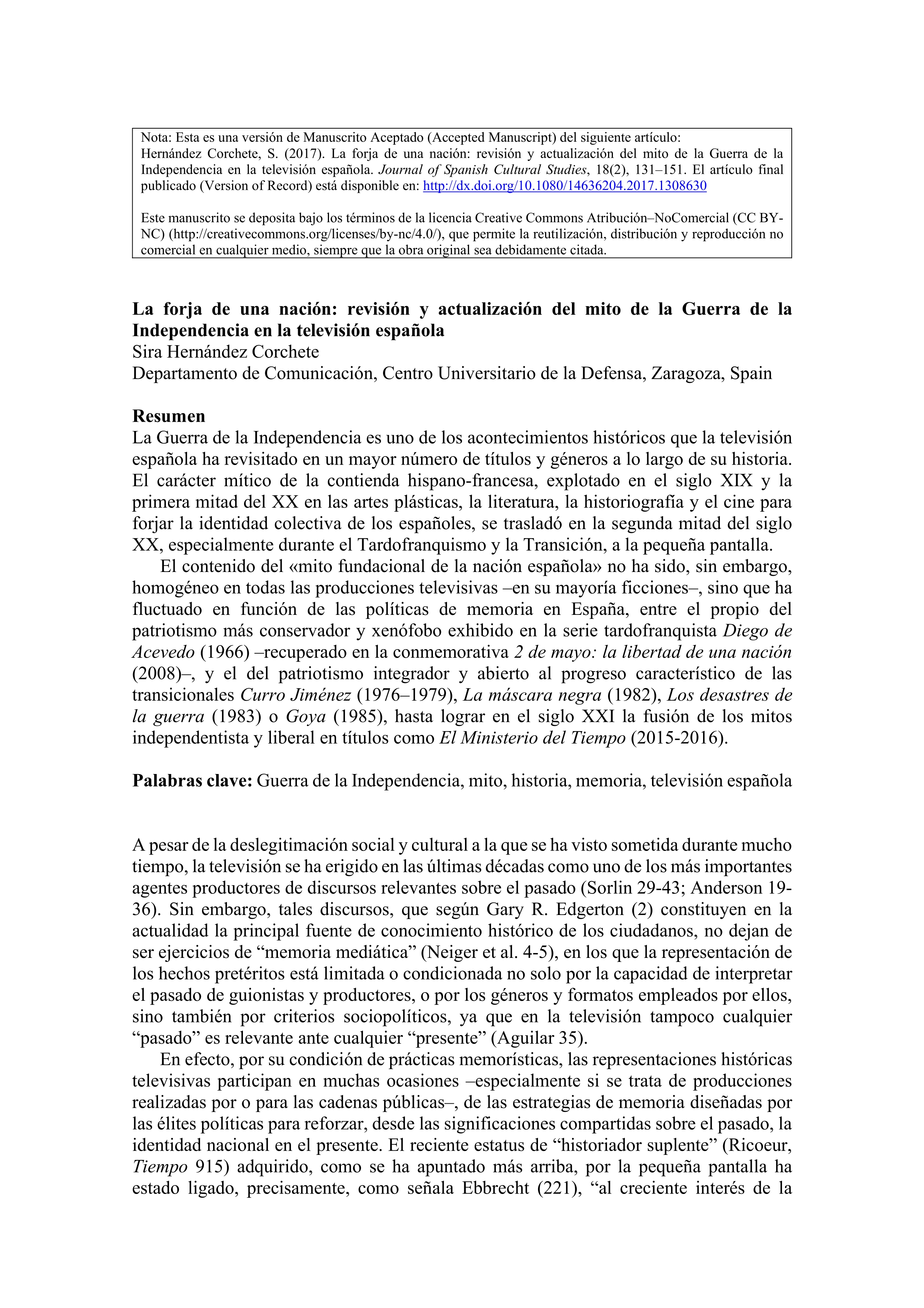 La forja de una nación: revisión y actualización del mito de la Guerra de la Independencia en la televisión española