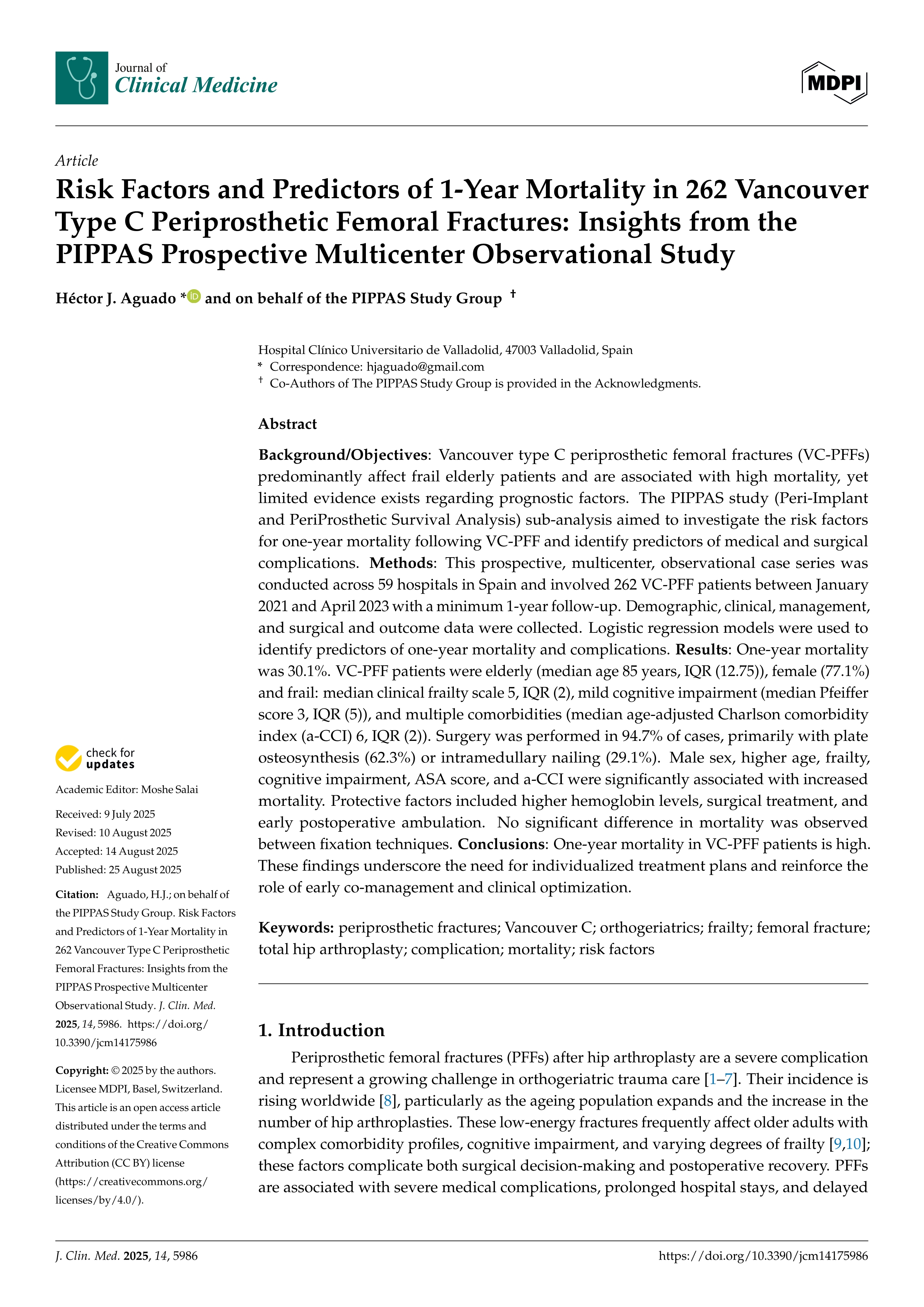 Risk Factors and Predictors of 1-Year Mortality in 262 Vancouver Type C Periprosthetic Femoral Fractures: Insights from the PIPPAS Prospective Multicenter Observational Study