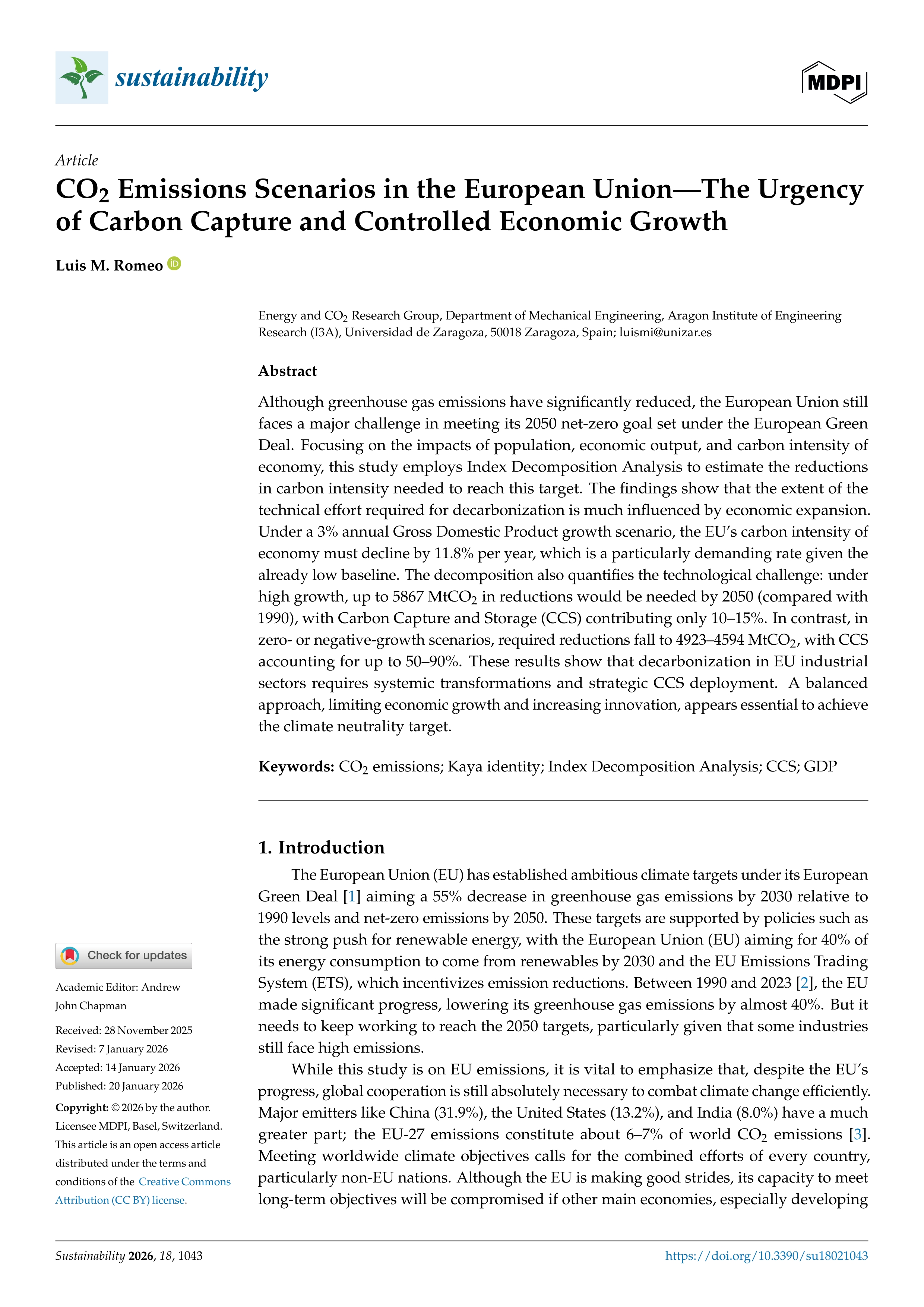 CO2 Emissions Scenarios in the European Union—The Urgency of Carbon Capture and Controlled Economic Growth