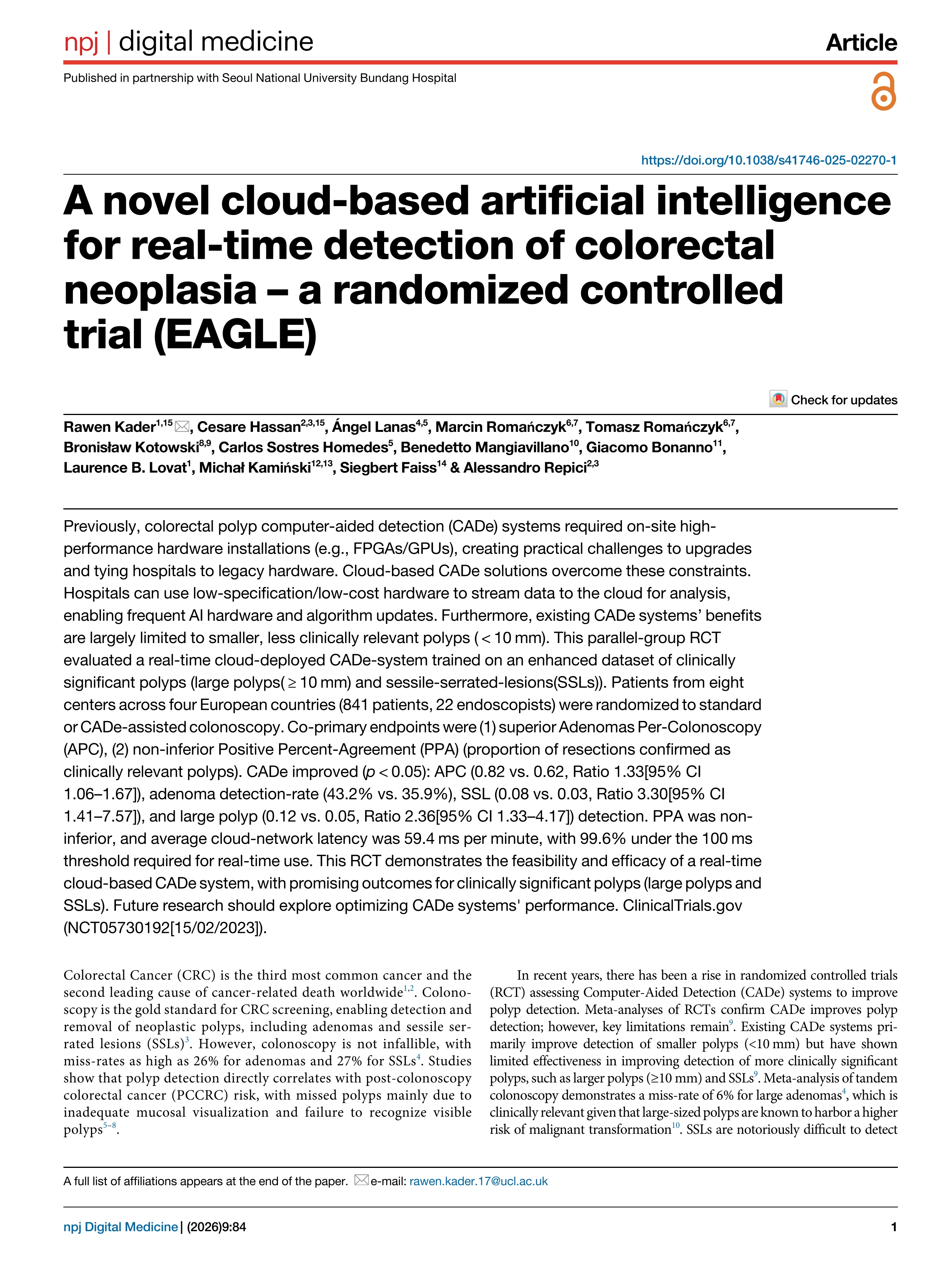 A novel cloud-based artificial intelligence for real-time detection of colorectal neoplasia – a randomized controlled trial (EAGLE)