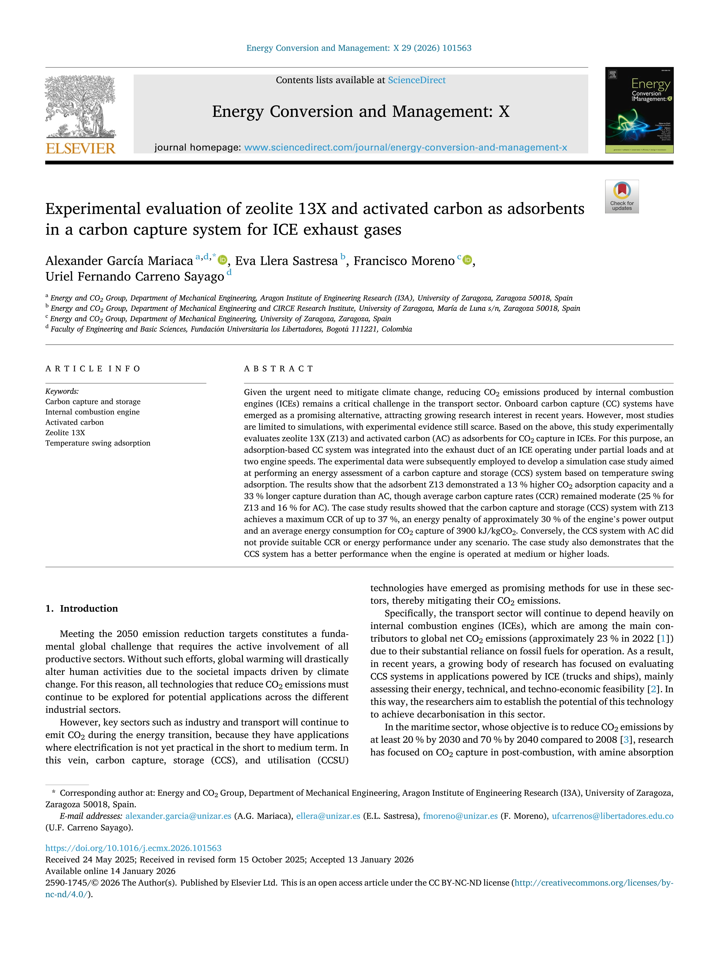 Experimental evaluation of zeolite 13X and activated carbon as adsorbents in a carbon capture system for ICE exhaust gases