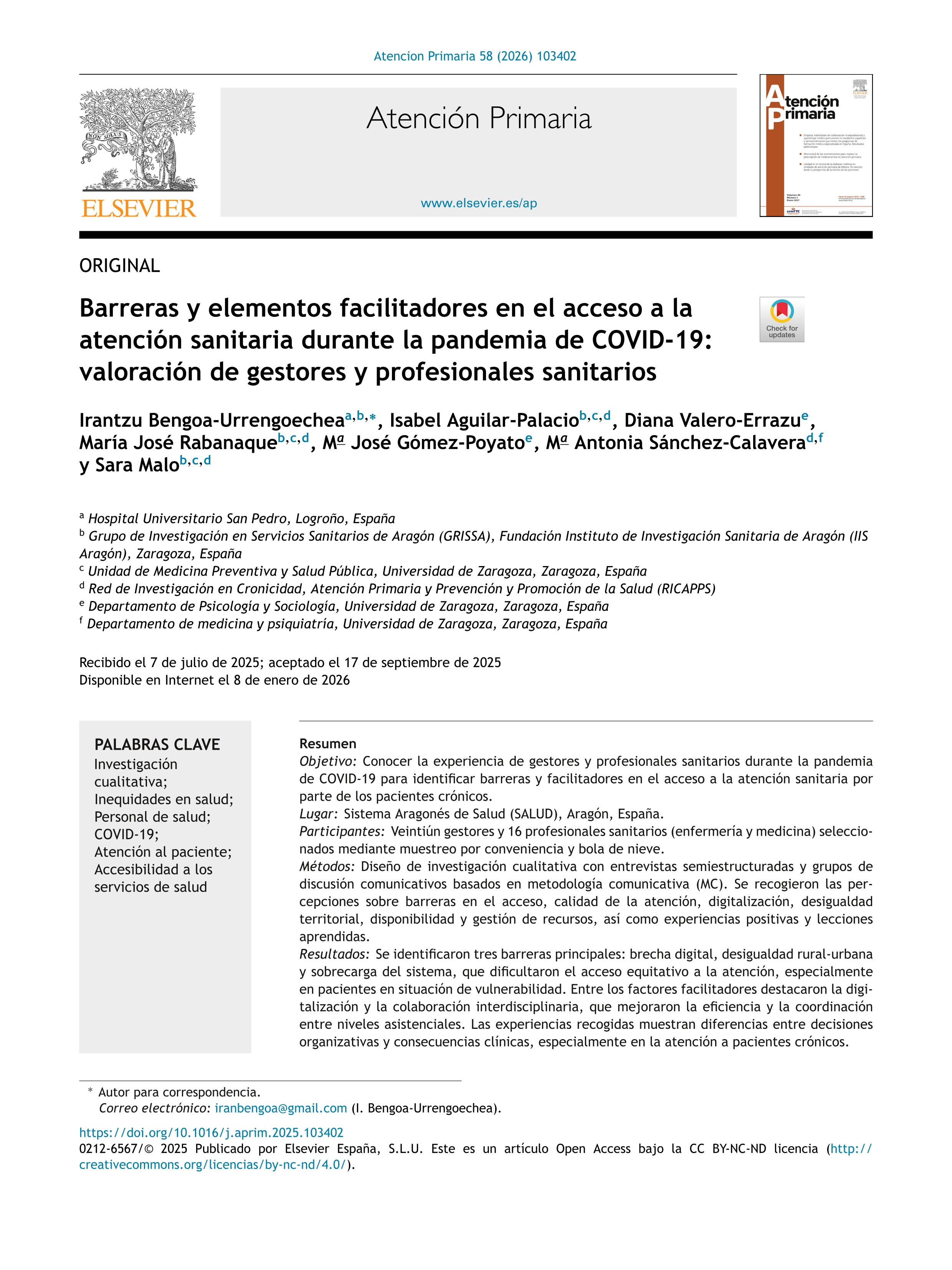 Barreras y elementos facilitadores en el acceso a la atención sanitaria durante la pandemia de COVID-19: valoración de gestores y profesionales sanitarios