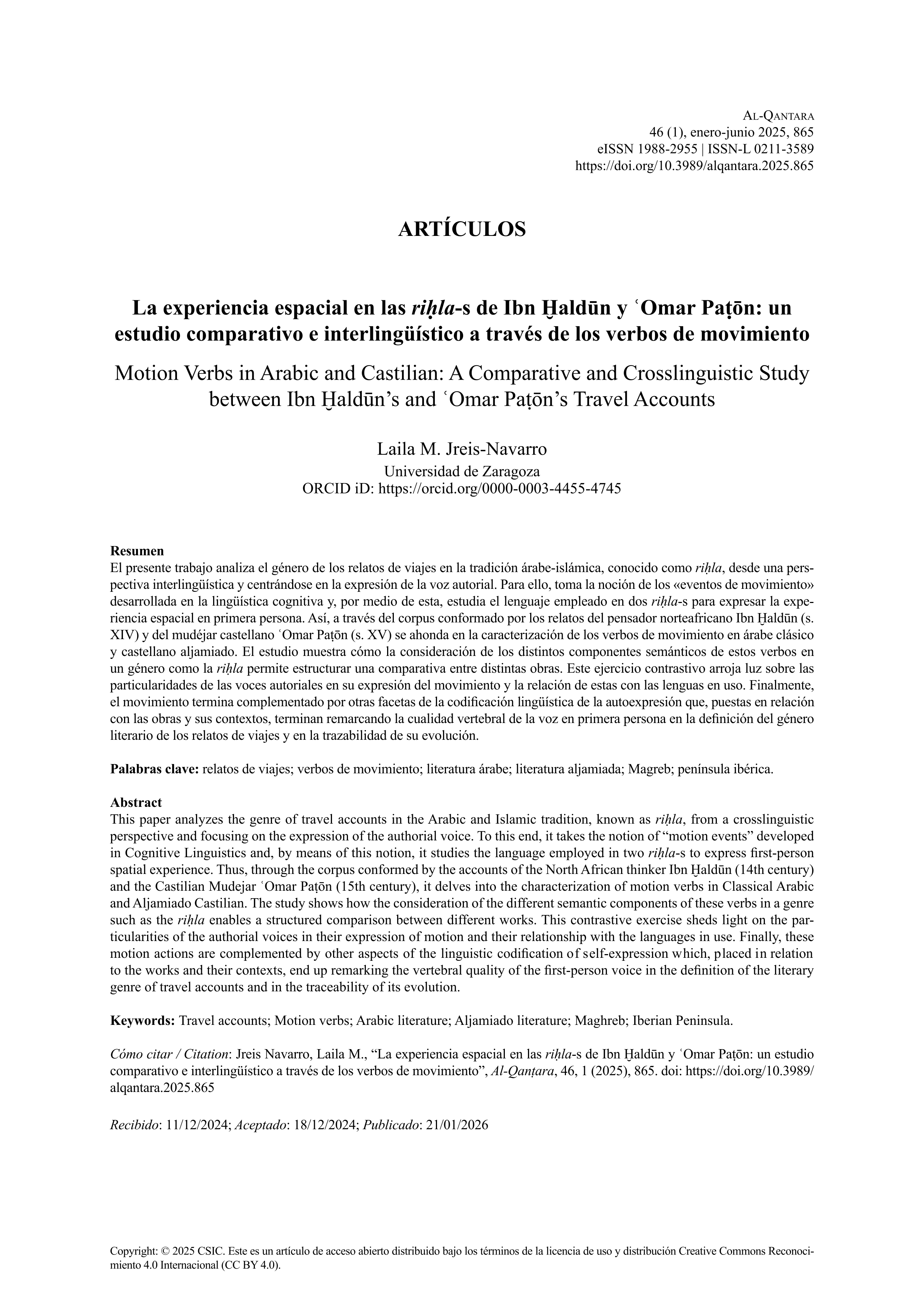 La experiencia espacial en las riḥla-s de Ibn Ḫaldūn y ʿOmar Paṭōn: un estudio comparativo e interlingüístico a través de los verbos de movimiento