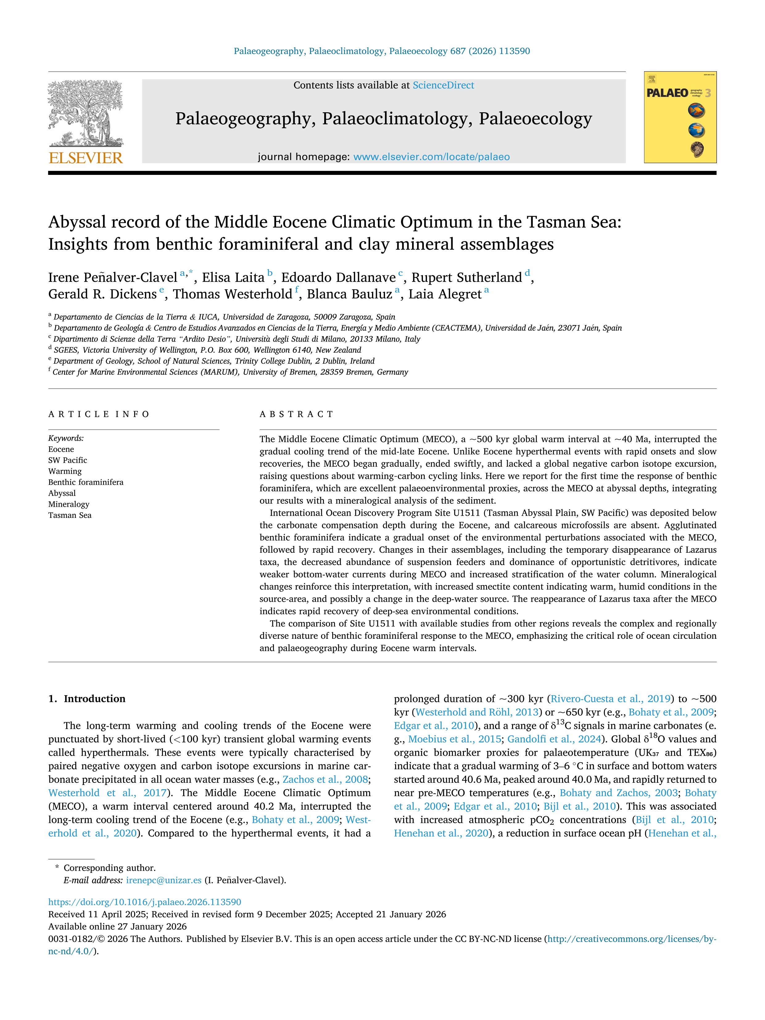 Abyssal record of the Middle Eocene Climatic Optimum in the Tasman Sea: Insights from benthic foraminiferal and clay mineral assemblages