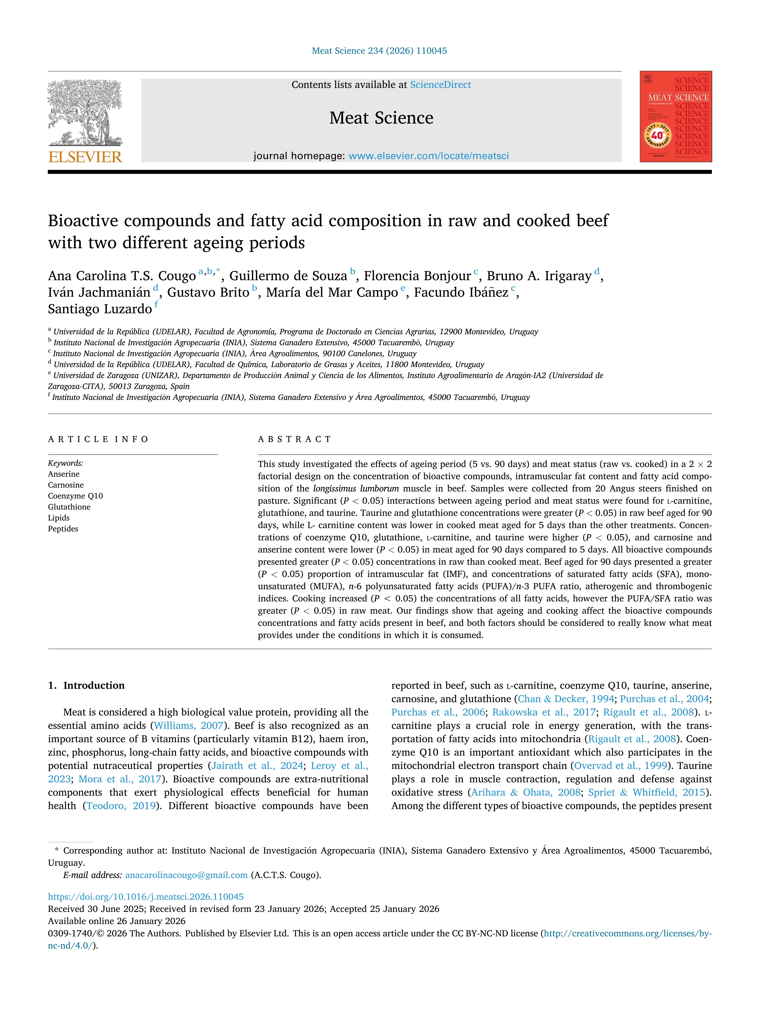 Bioactive compounds and fatty acid composition in raw and cooked beef with two different ageing periods