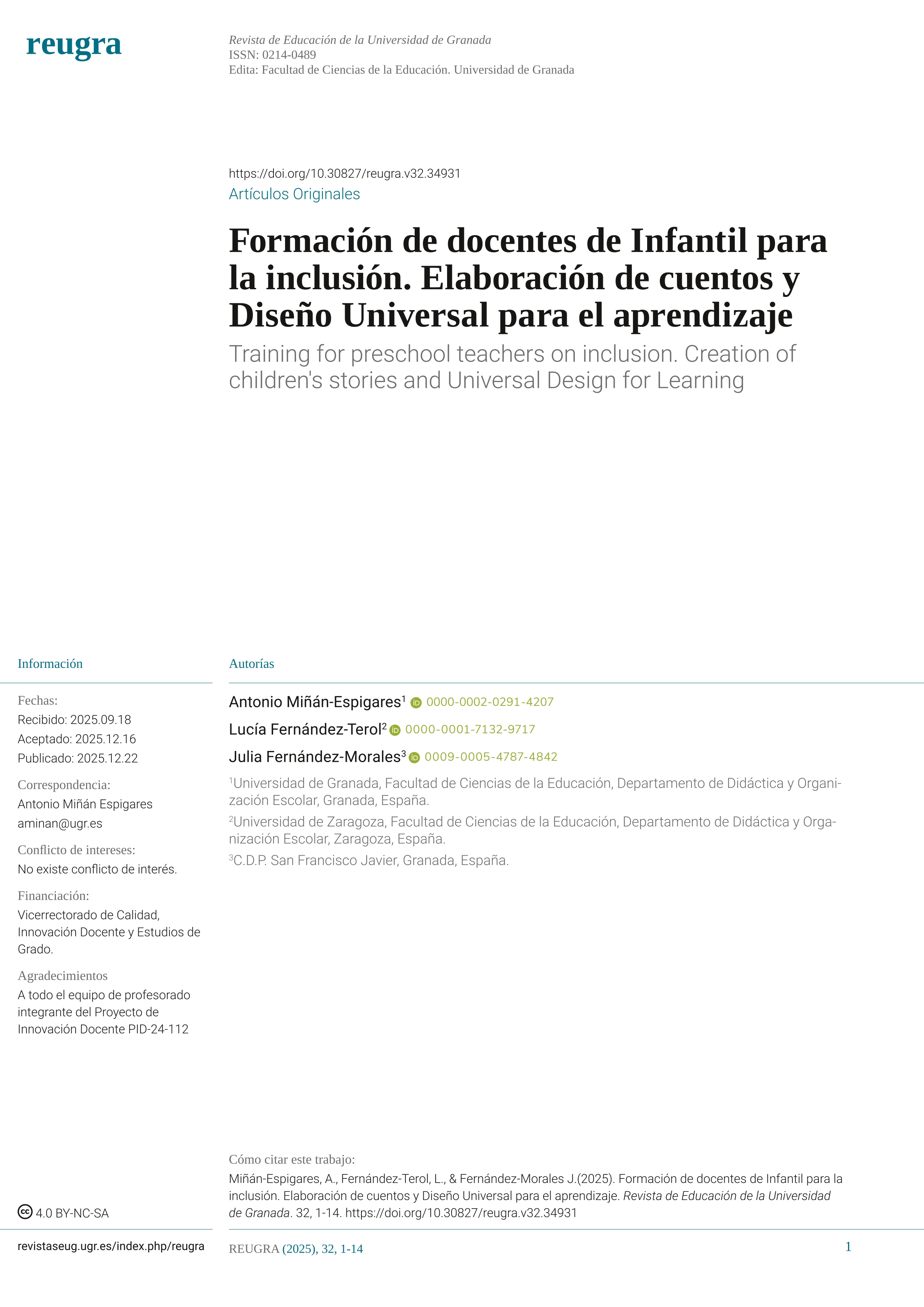 Formación de docentes de Infantil para la inclusión. Elaboración de cuentos y Diseño Universal para el aprendizaje