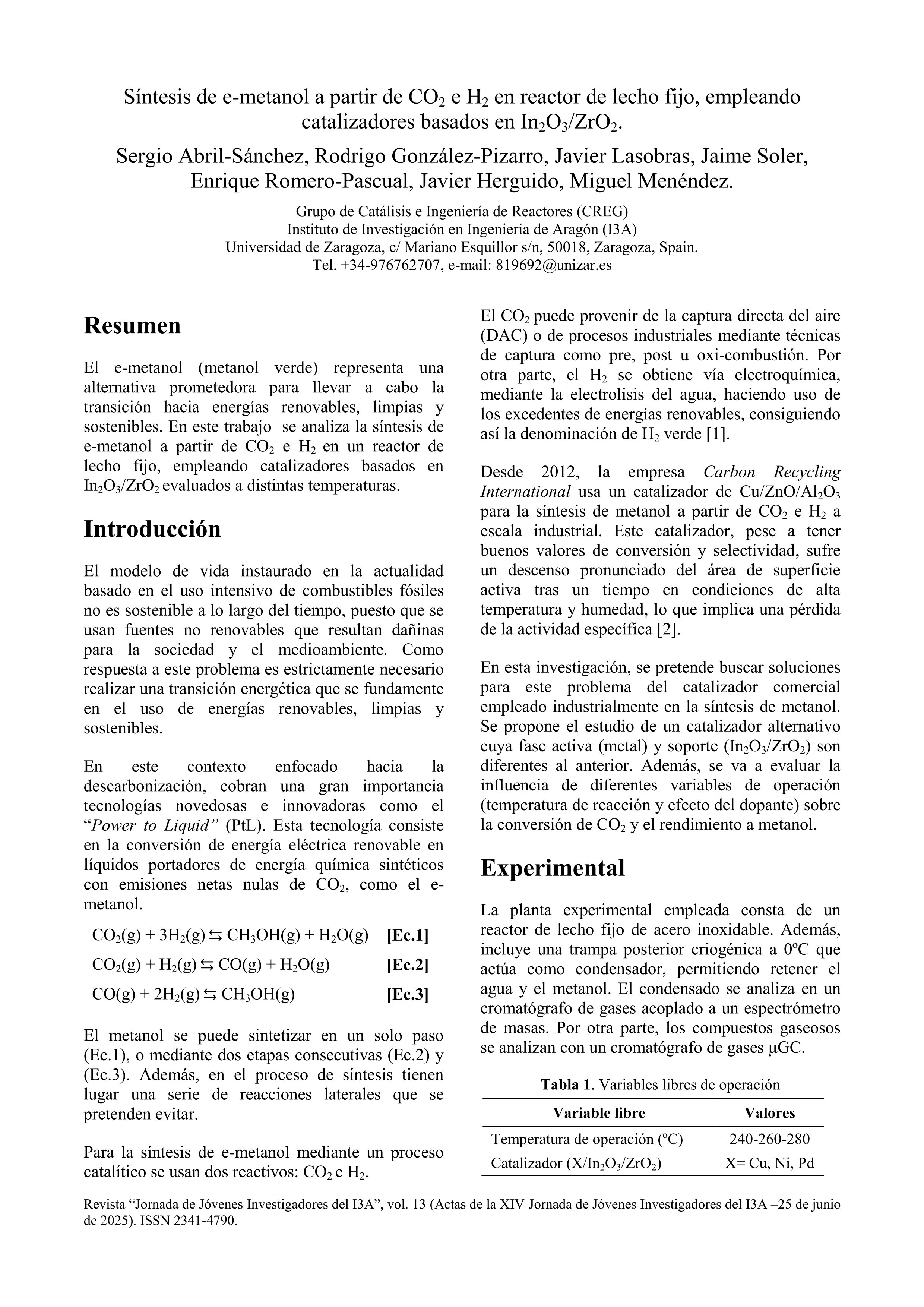Síntesis de e-metanol a partir de co2 e h2 en reactor de lecho fijo, empleando catalizadores basados en in2o3/zro2.
