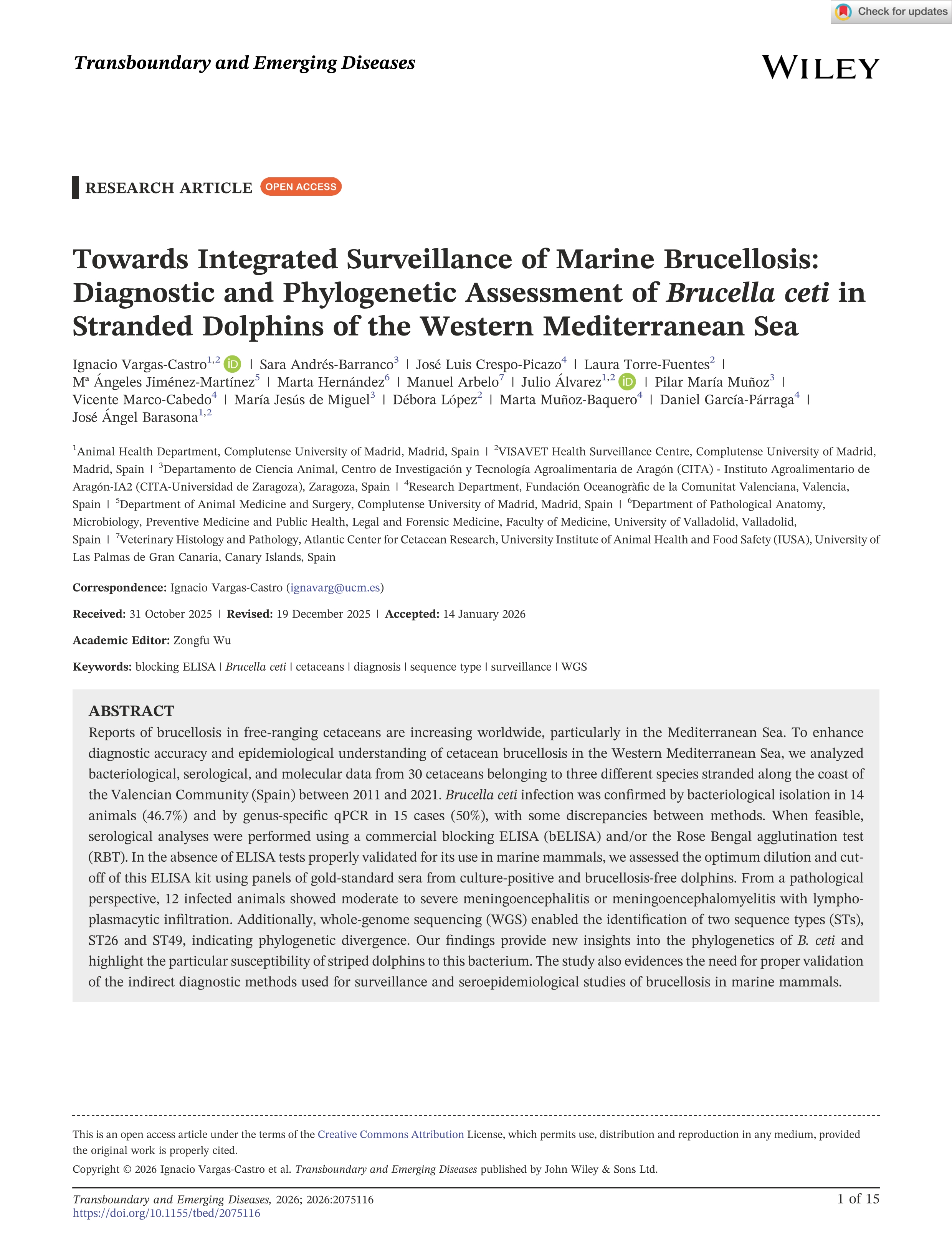 Towards Integrated Surveillance of Marine Brucellosis: Diagnostic and Phylogenetic Assessment of Brucella ceti in Stranded Dolphins of the Western Mediterranean Sea