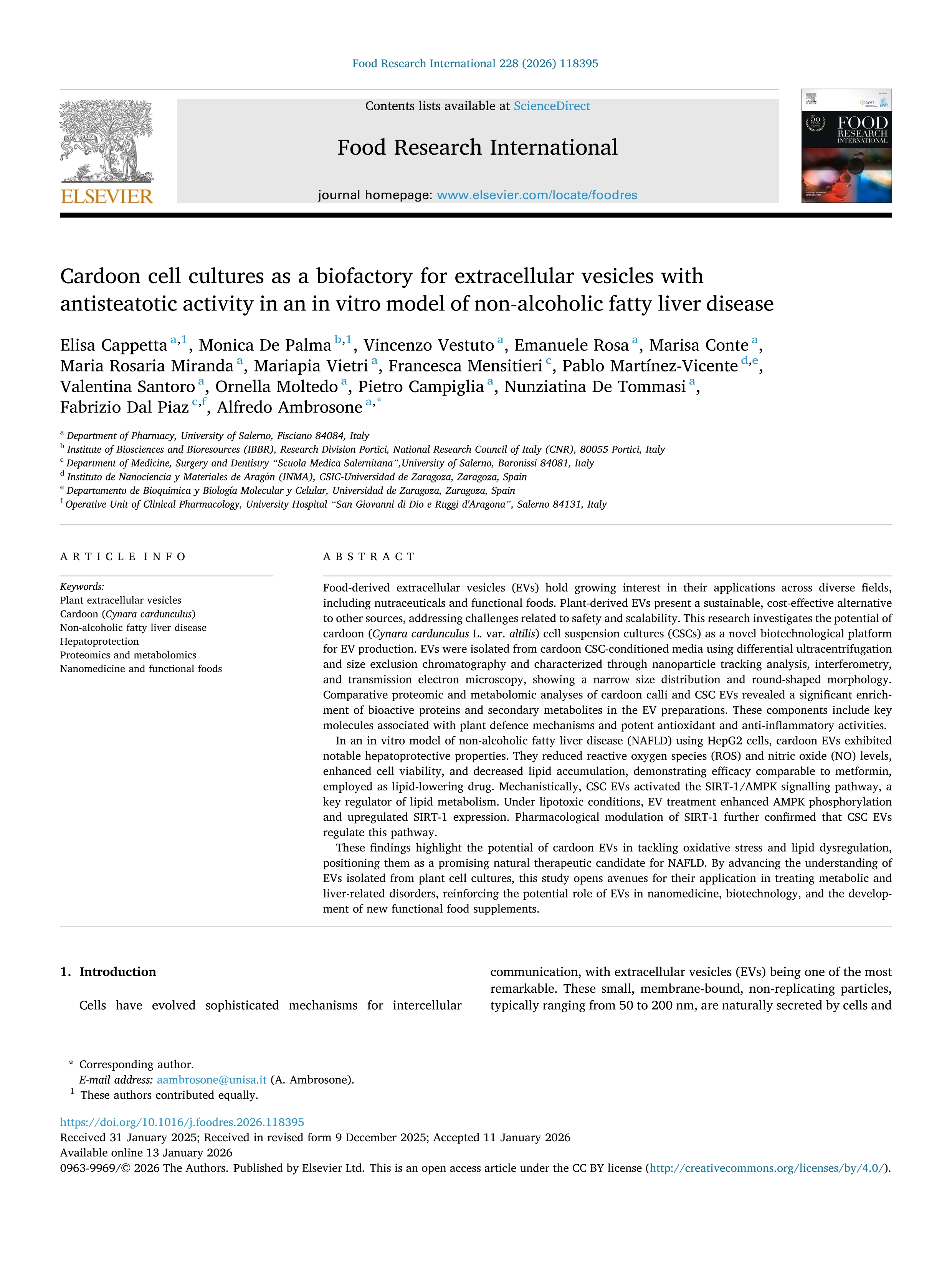 Cardoon cell cultures as a biofactory for extracellular vesicles with antisteatotic activity in an in vitro model of non-alcoholic fatty liver disease