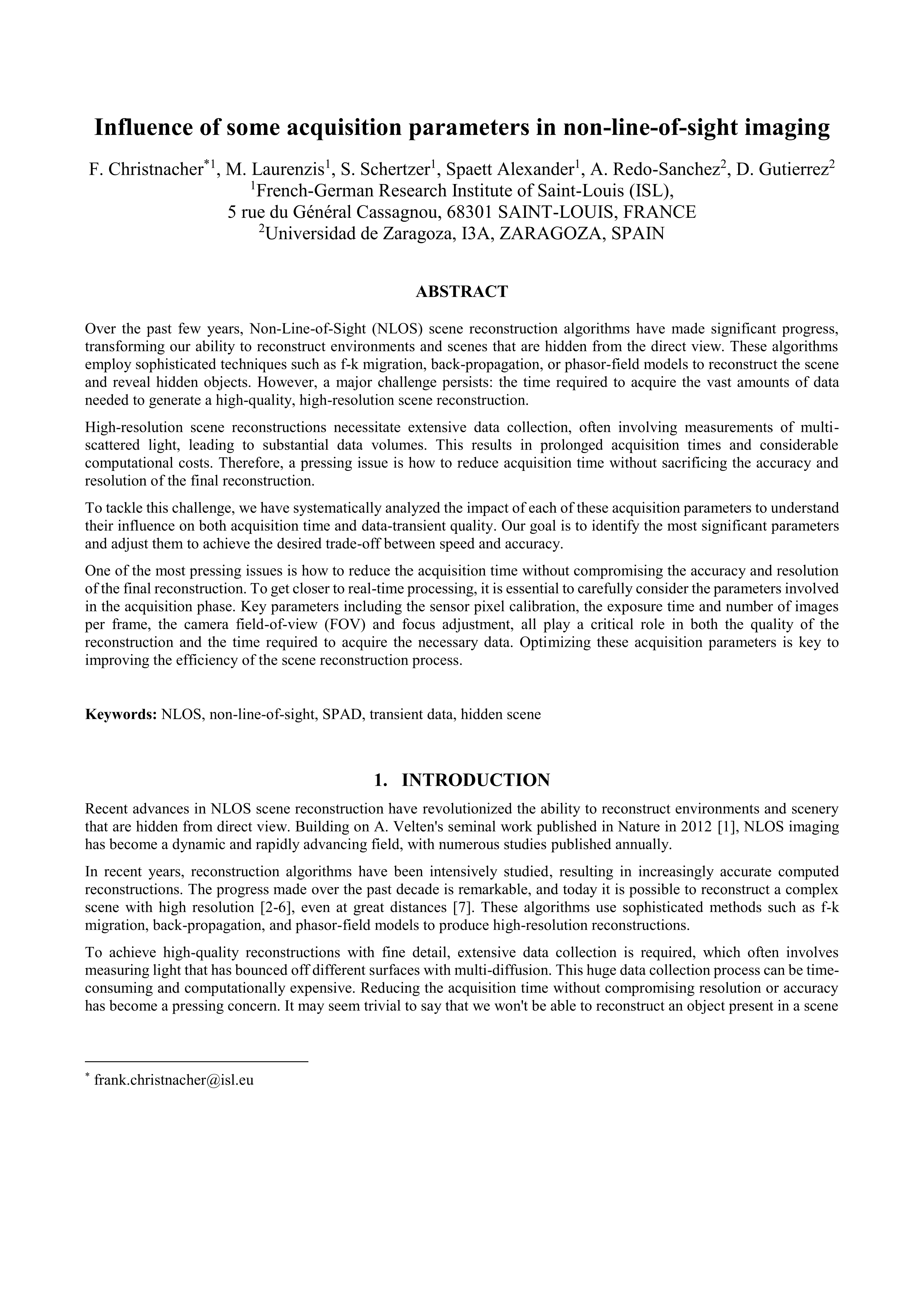 Influence of some acquisition parameters in non-line-of-sight imaging