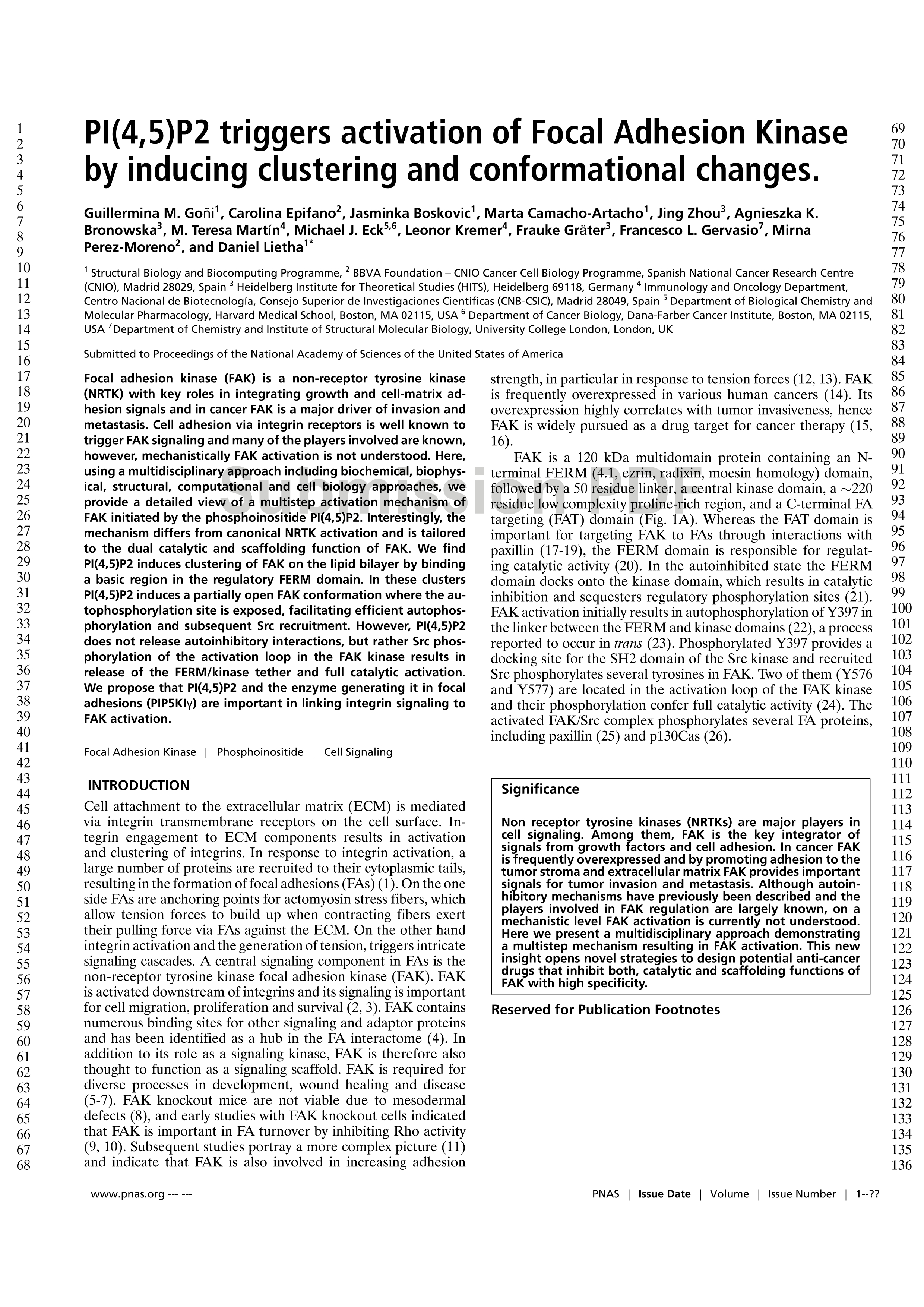 Phosphatidylinositol 4,5-bisphosphate triggers activation of focal adhesion kinase by inducing clustering and conformational changes