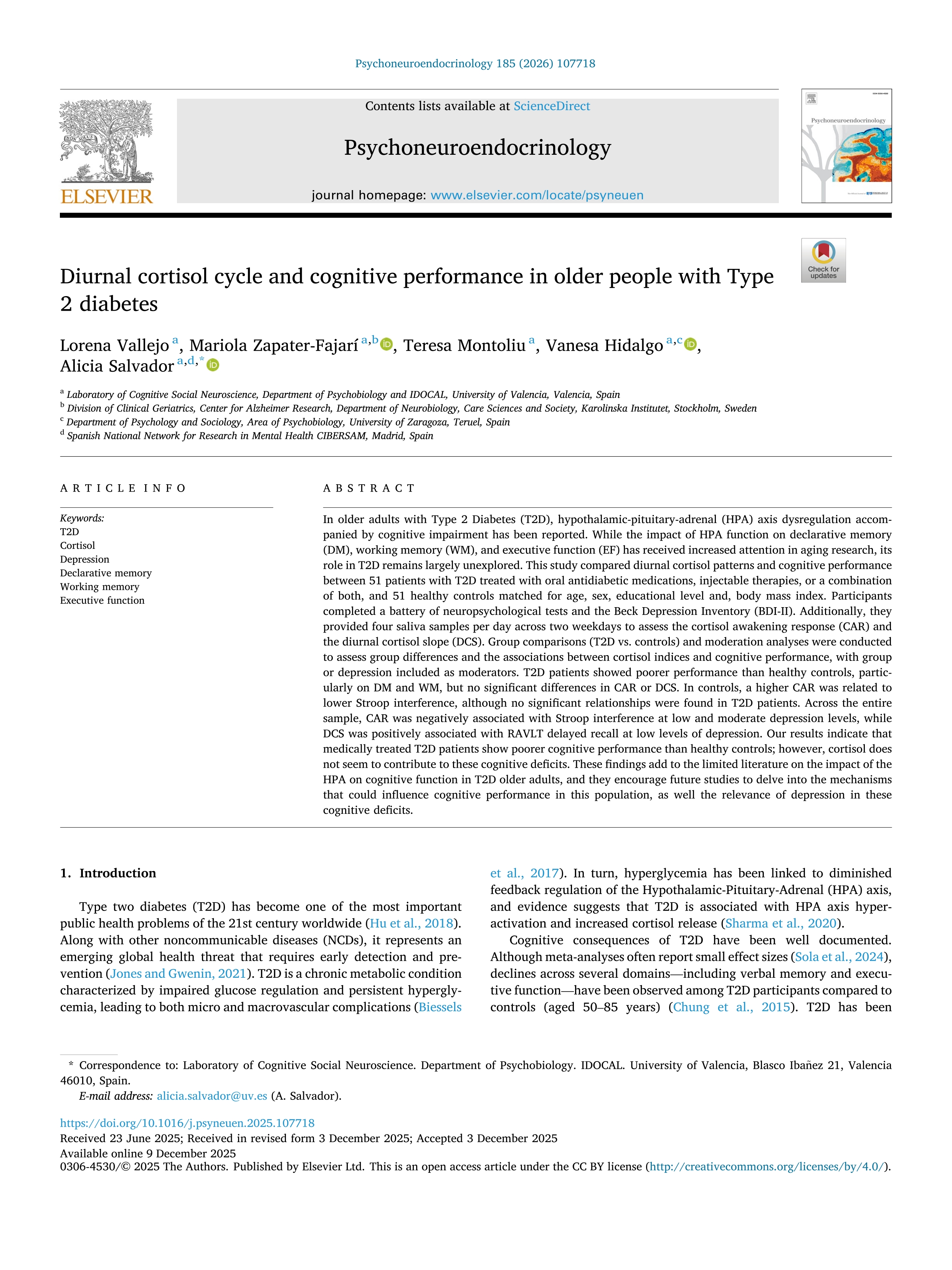 Diurnal cortisol cycle and cognitive performance in older people with Type 2 diabetes