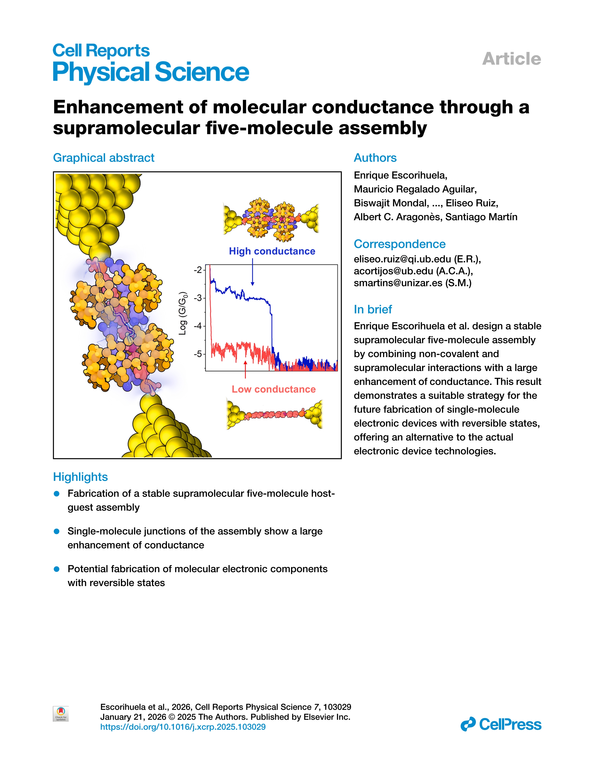 Enhancement of molecular conductance through a supramolecular five-molecule assembly