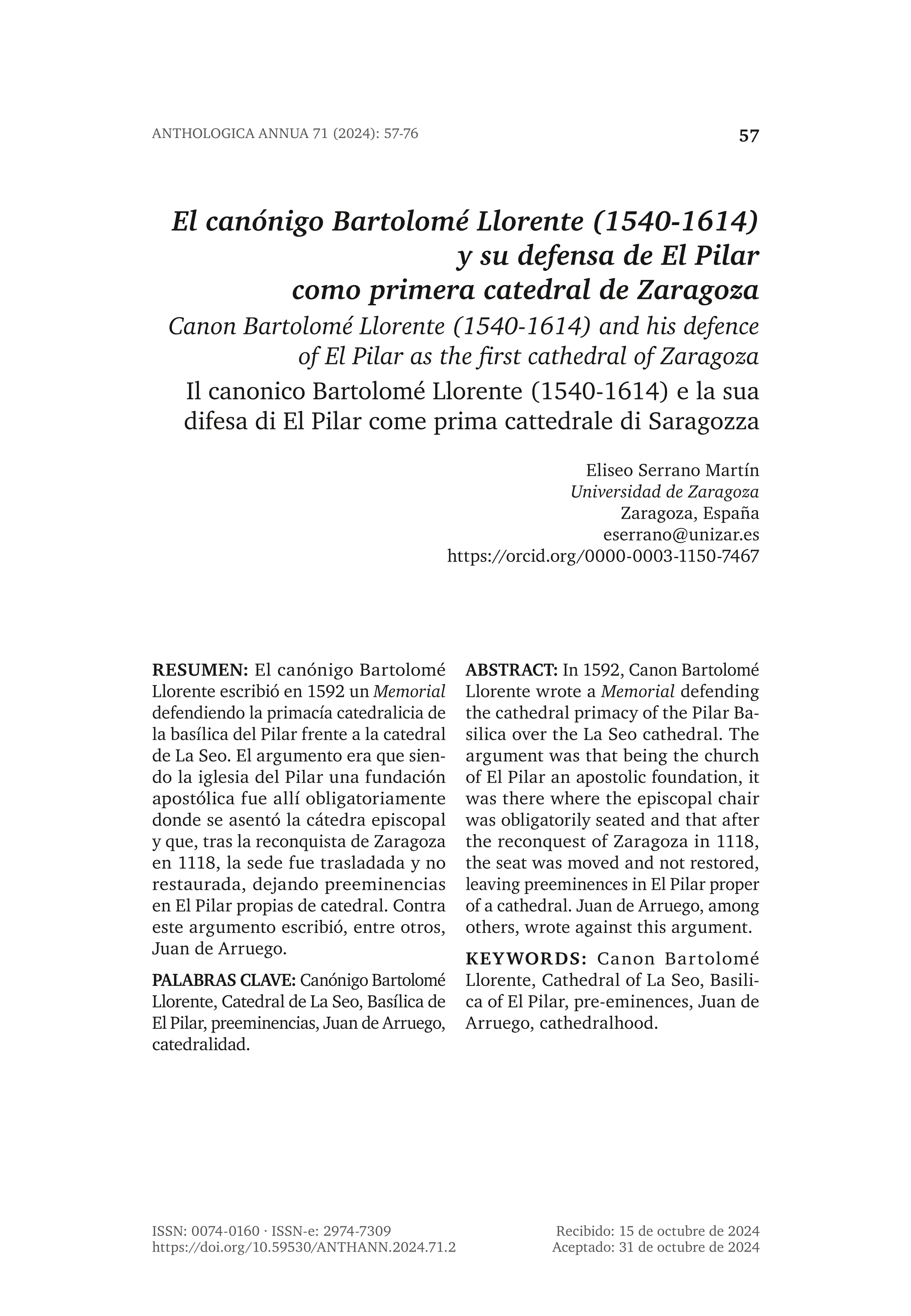 El canónigo Bartolomé Llorente (1540-1614) y su defensa de El Pilar como primera catedral de Zaragoza