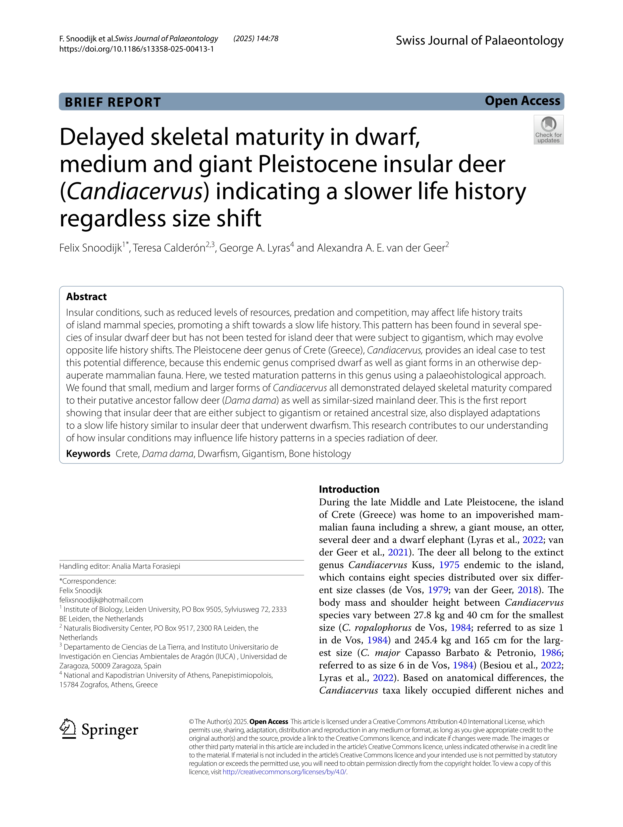 Delayed skeletal maturity in dwarf, medium and giant Pleistocene insular deer (Candiacervus) indicating a slower life history regardless size shift