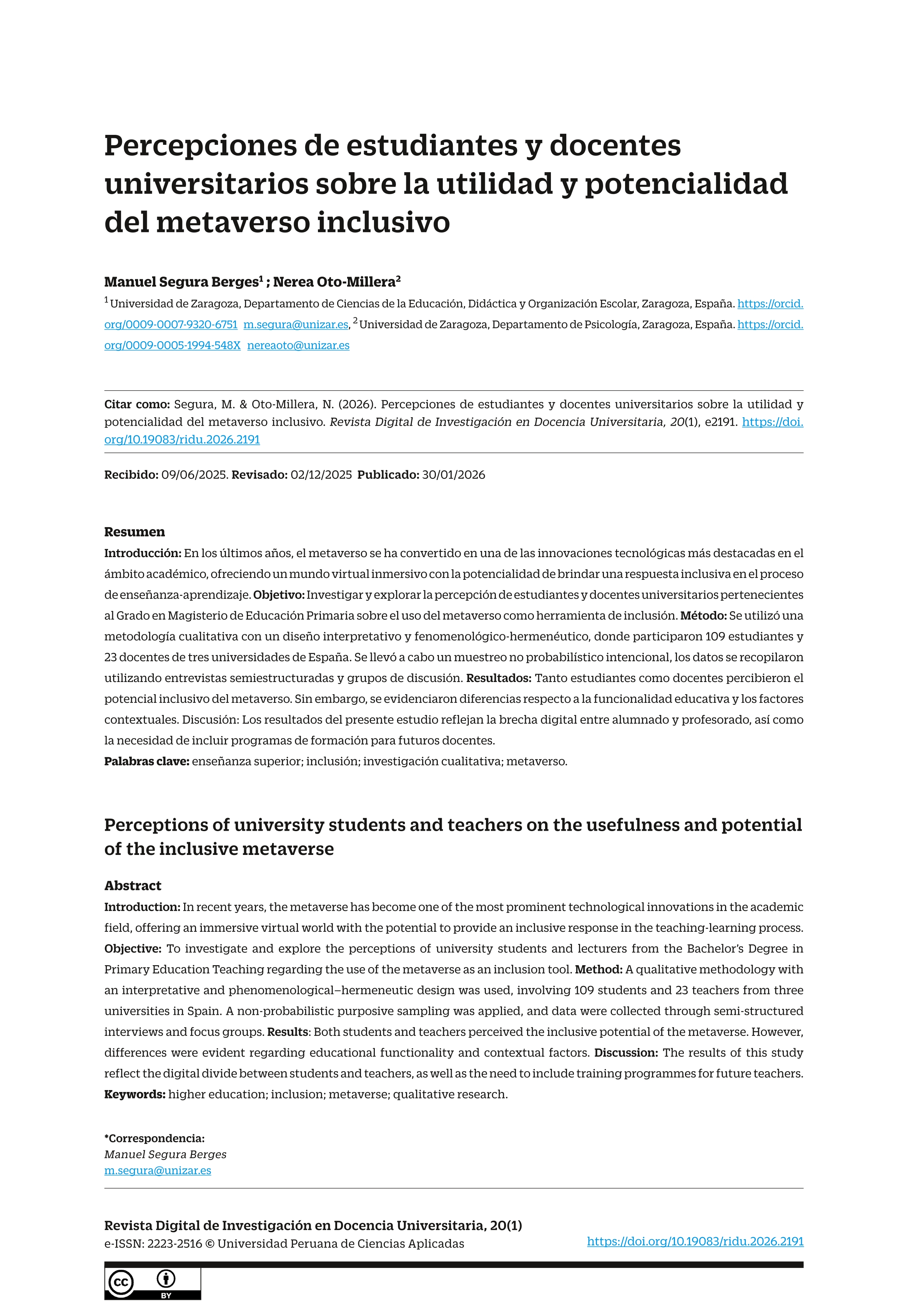 Percepciones de estudiantes y docentes universitarios sobre la utilidad y potencialidad del metaverso inclusivo