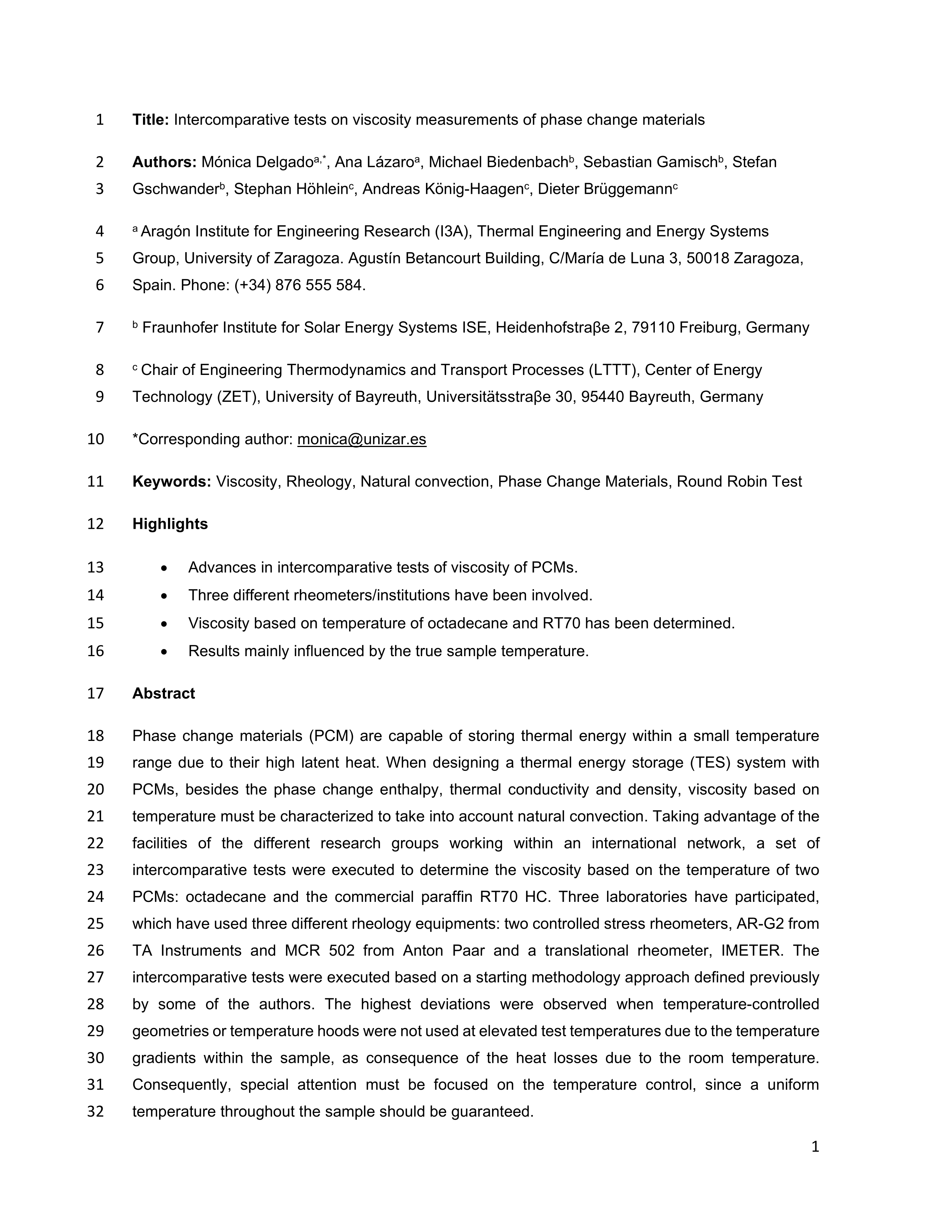 Intercomparative tests on viscosity measurements of phase change materials