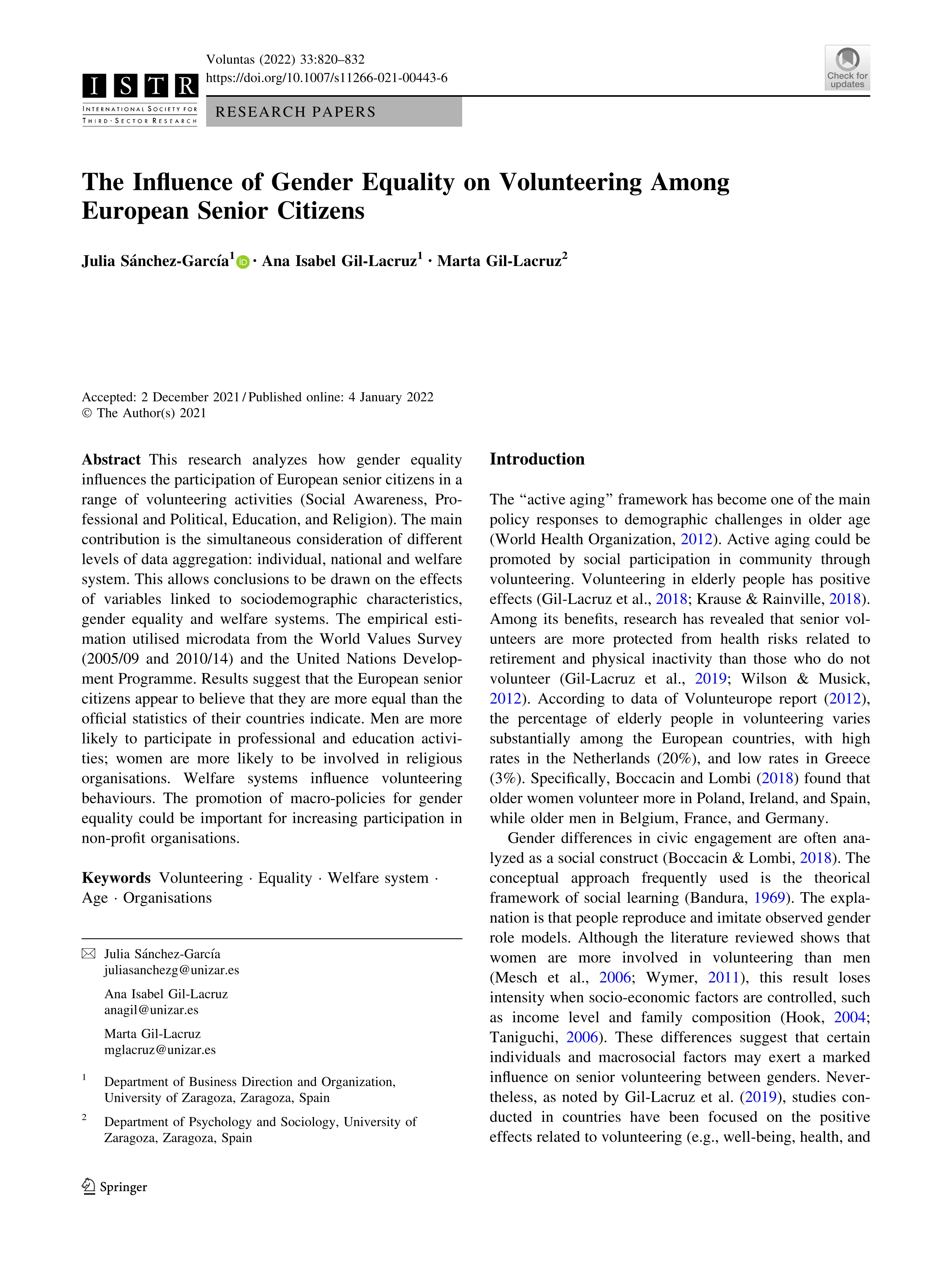 The Influence of Gender Equality on Volunteering Among European Senior Citizens