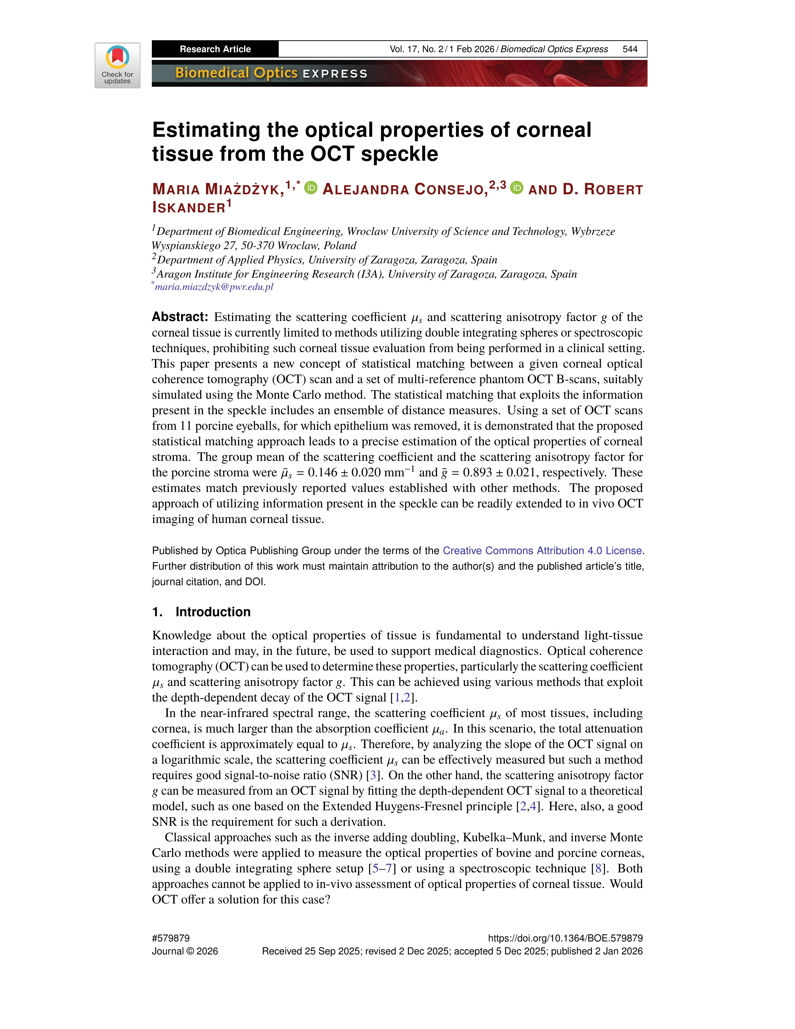 Estimating the optical properties of corneal tissue from the OCT speckle