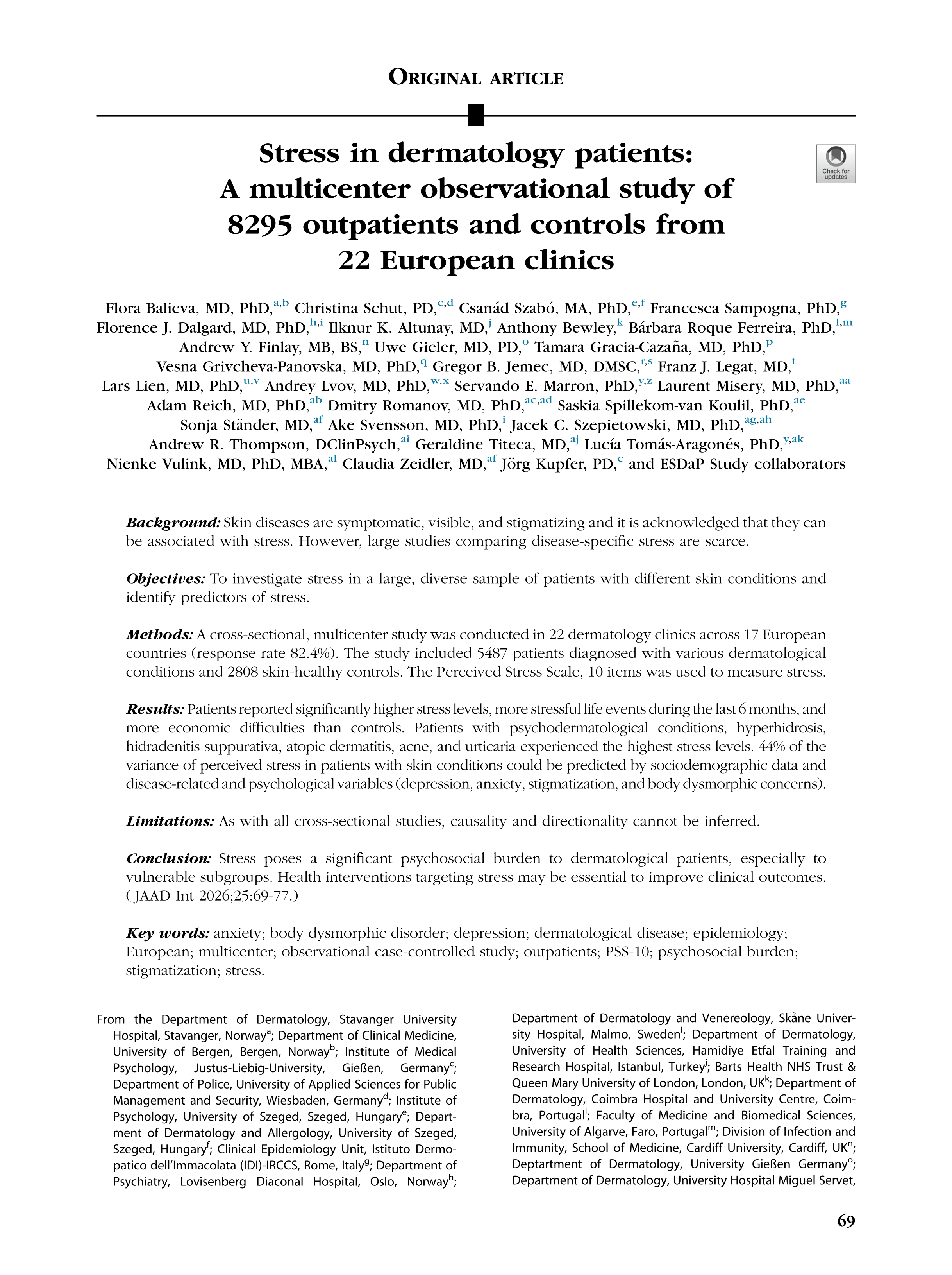 Stress in dermatology patients: A multicenter observational study of 8295 outpatients and controls from 22 European clinics