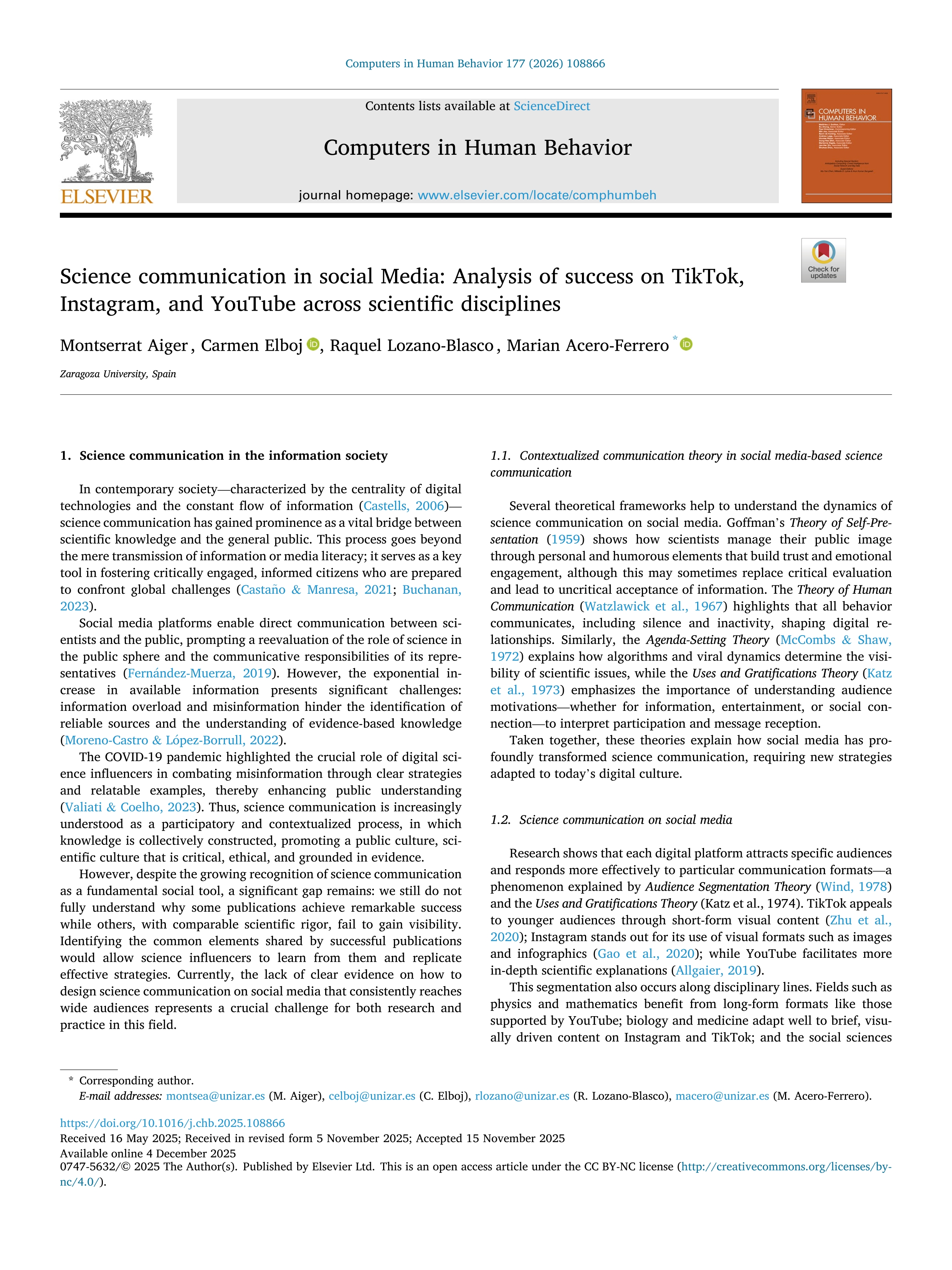 Science communication in social Media: Analysis of success on TikTok, Instagram, and YouTube across scientific disciplines