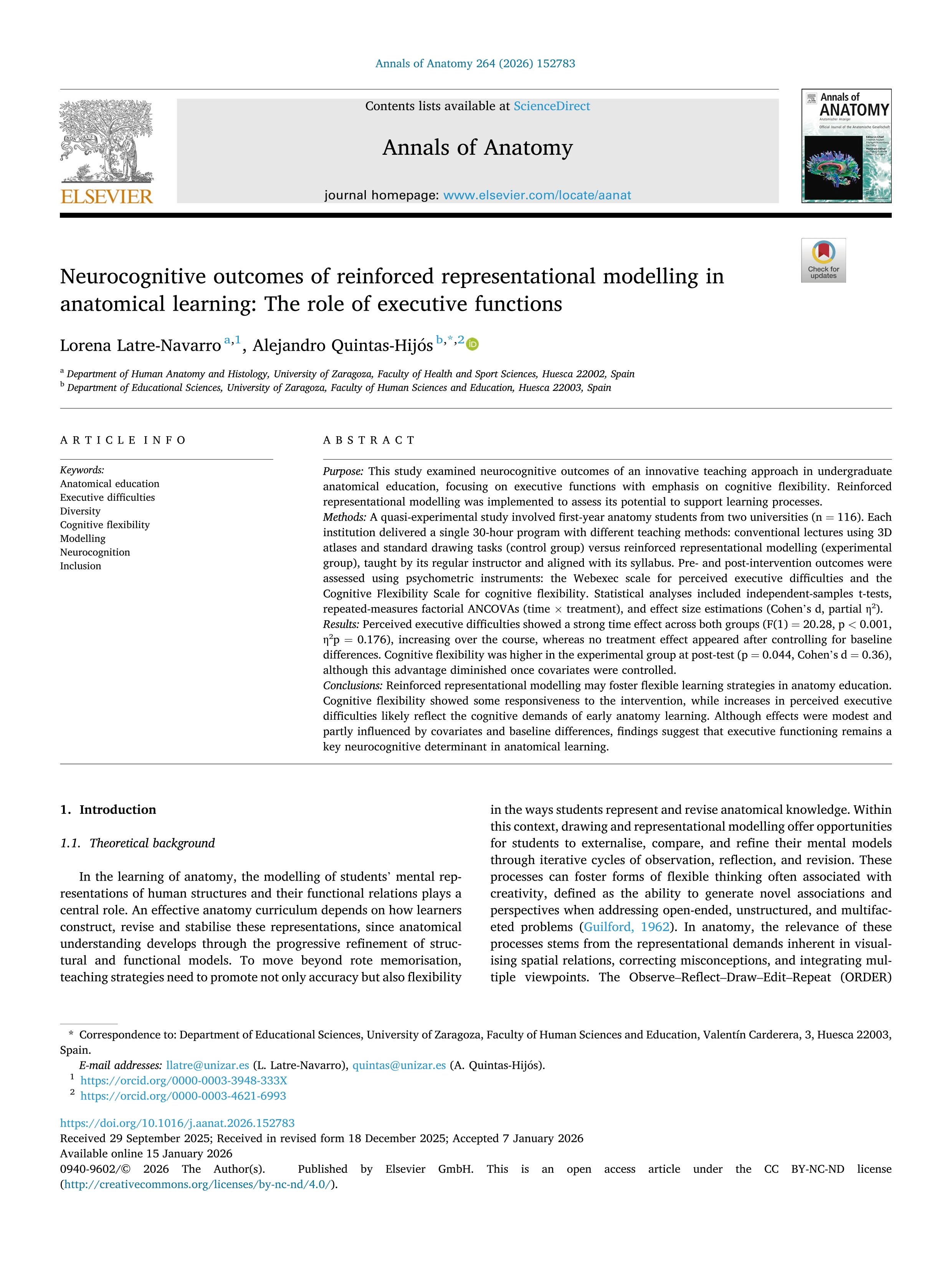 Neurocognitive outcomes of reinforced representational modelling in anatomical learning: The role of executive functions