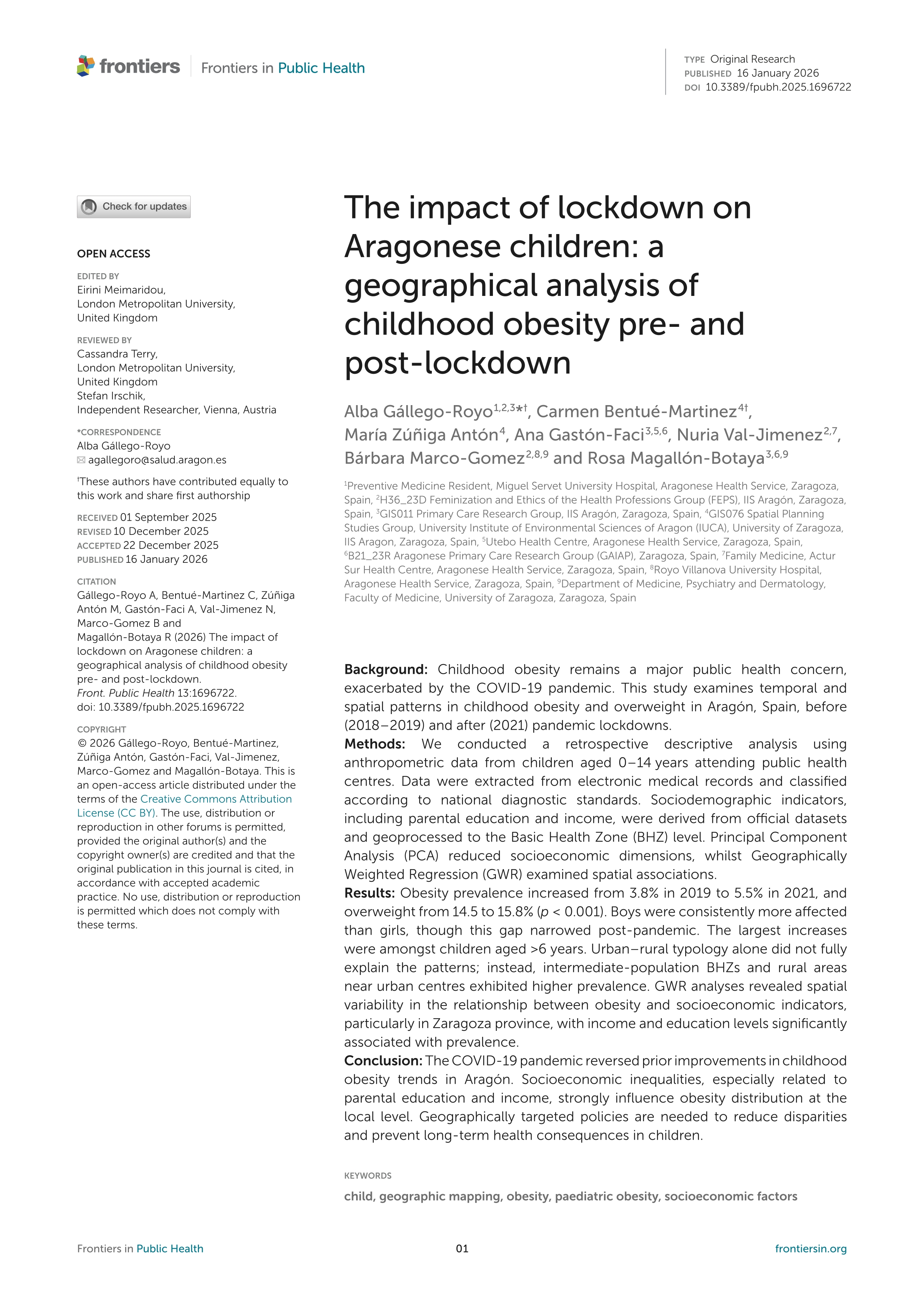 The impact of lockdown on Aragonese children: a geographical analysis of childhood obesity pre- and post-lockdown