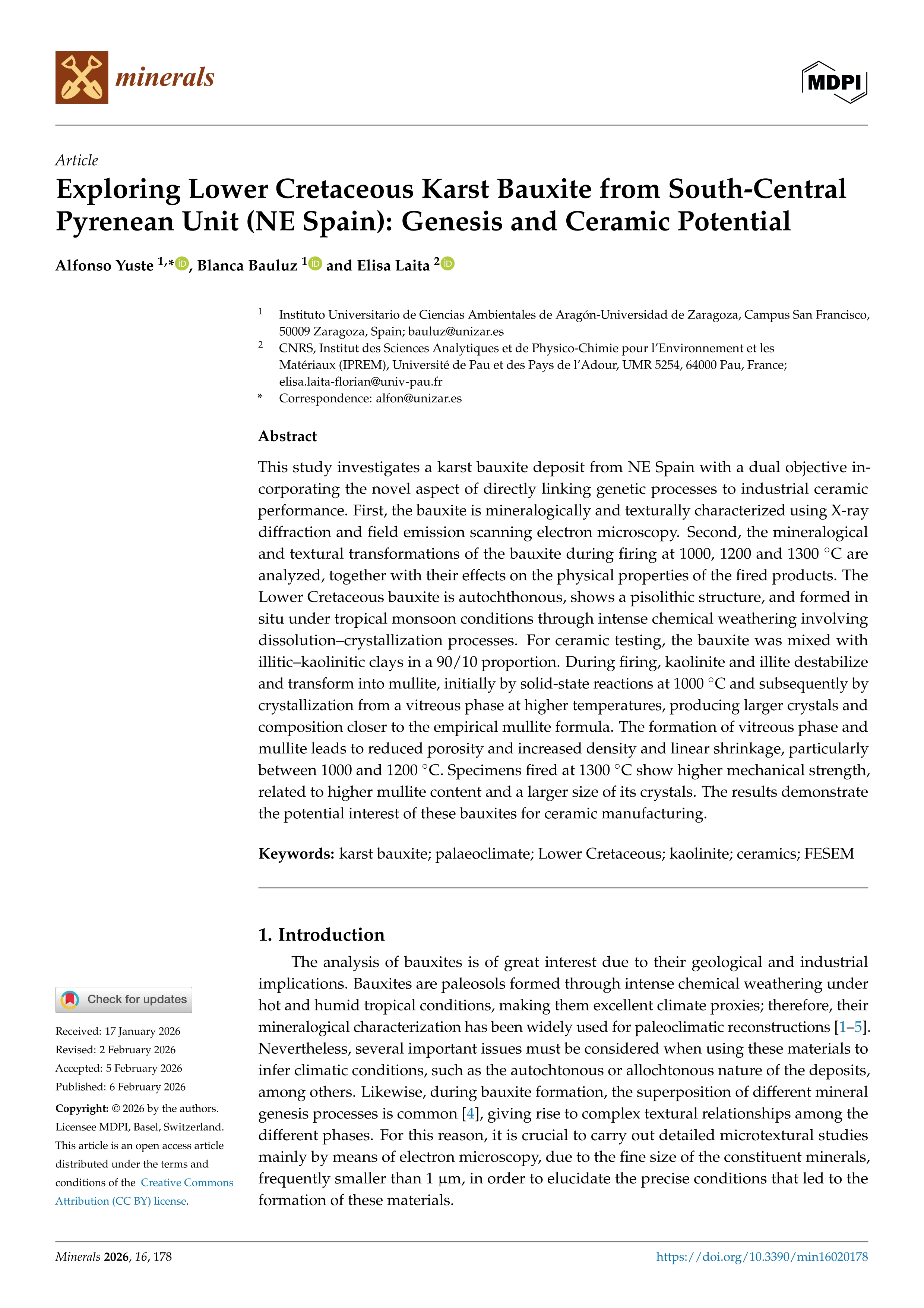 Exploring Lower Cretaceous Karst Bauxite from South-Central Pyrenean Unit (NE Spain): Genesis and Ceramic Potential