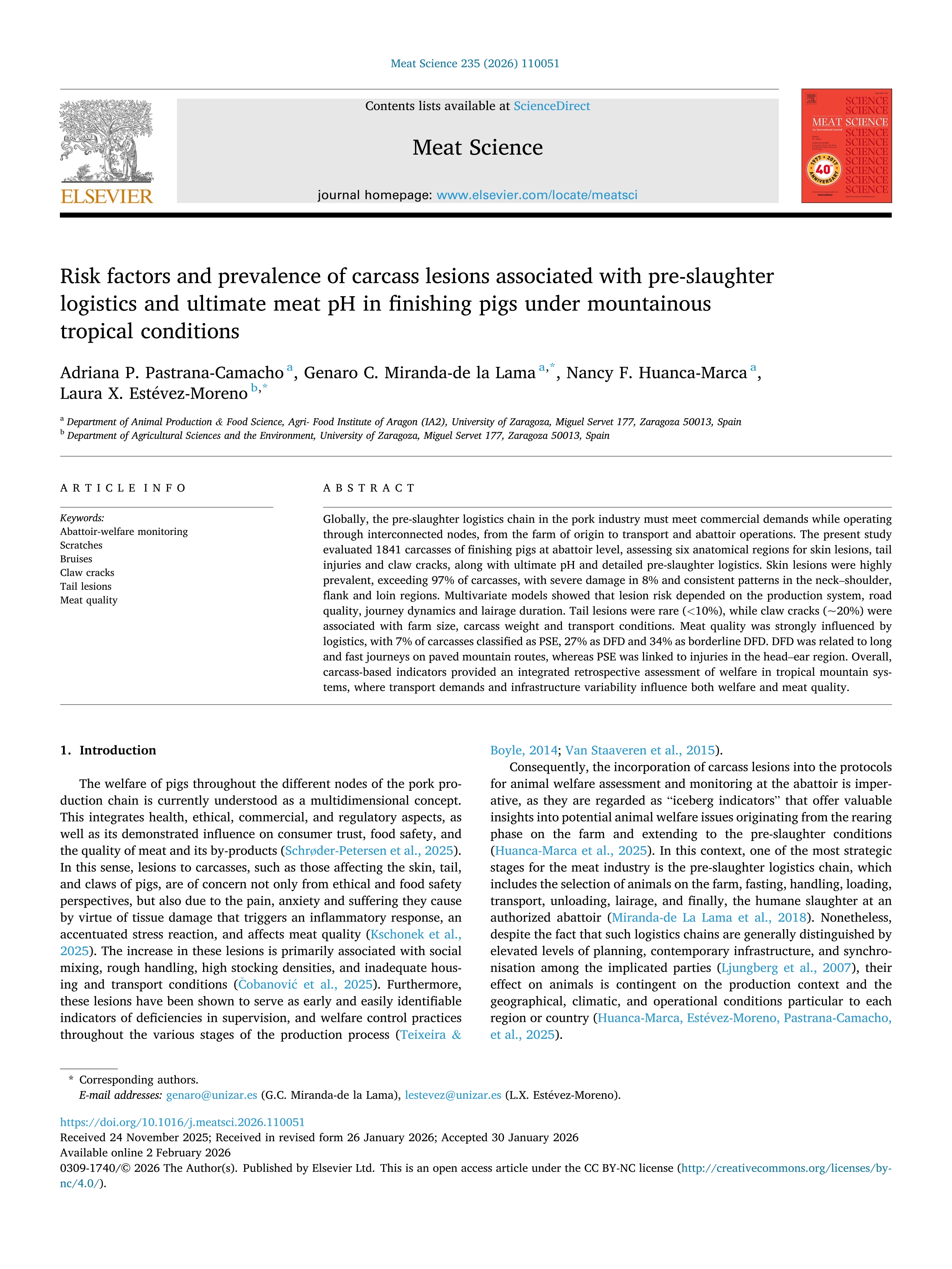 Risk factors and prevalence of carcass lesions associated with pre-slaughter logistics and ultimate meat pH in finishing pigs under mountainous tropical conditions
