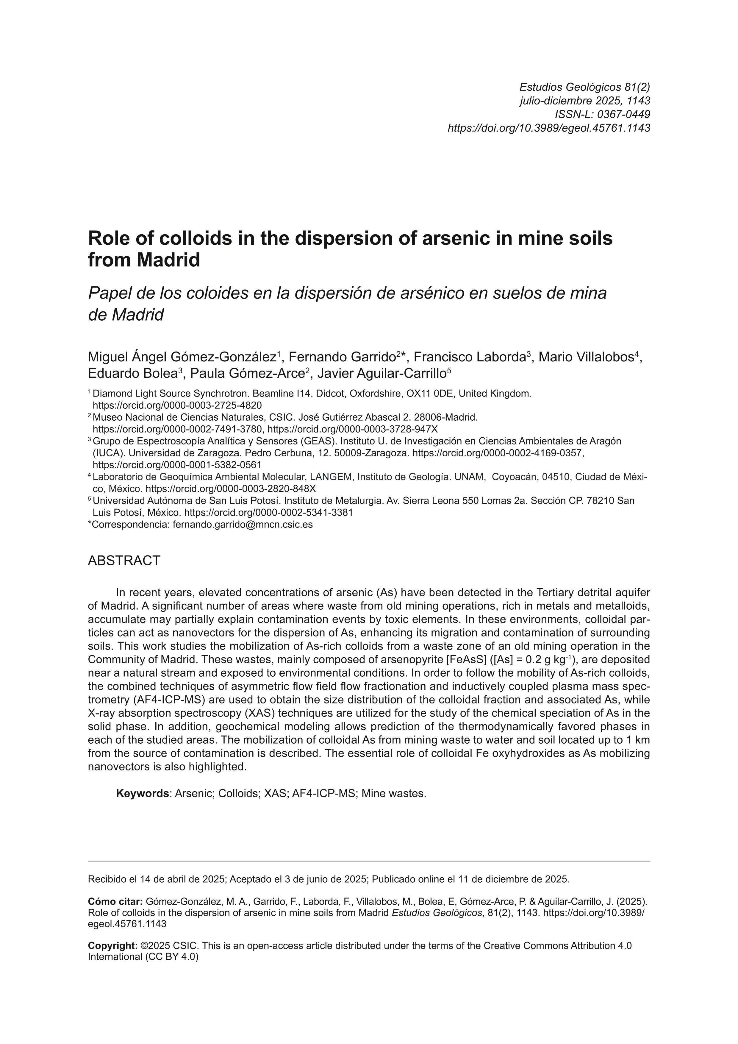 Papel de los coloides en la dispersión de arsénico en suelos de mina de Madrid