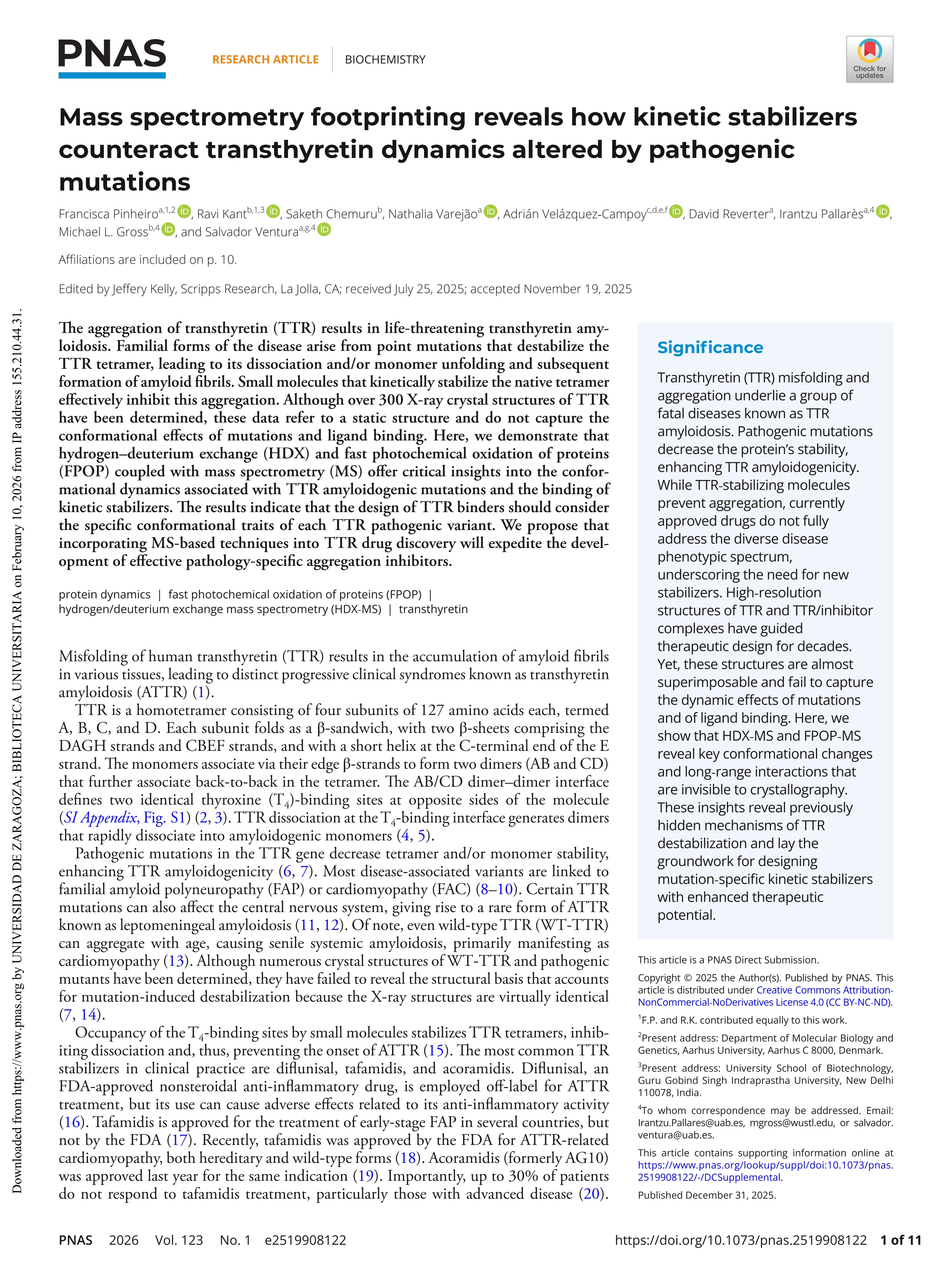 Mass spectrometry footprinting reveals how kinetic stabilizers counteract transthyretin dynamics altered by pathogenic mutations