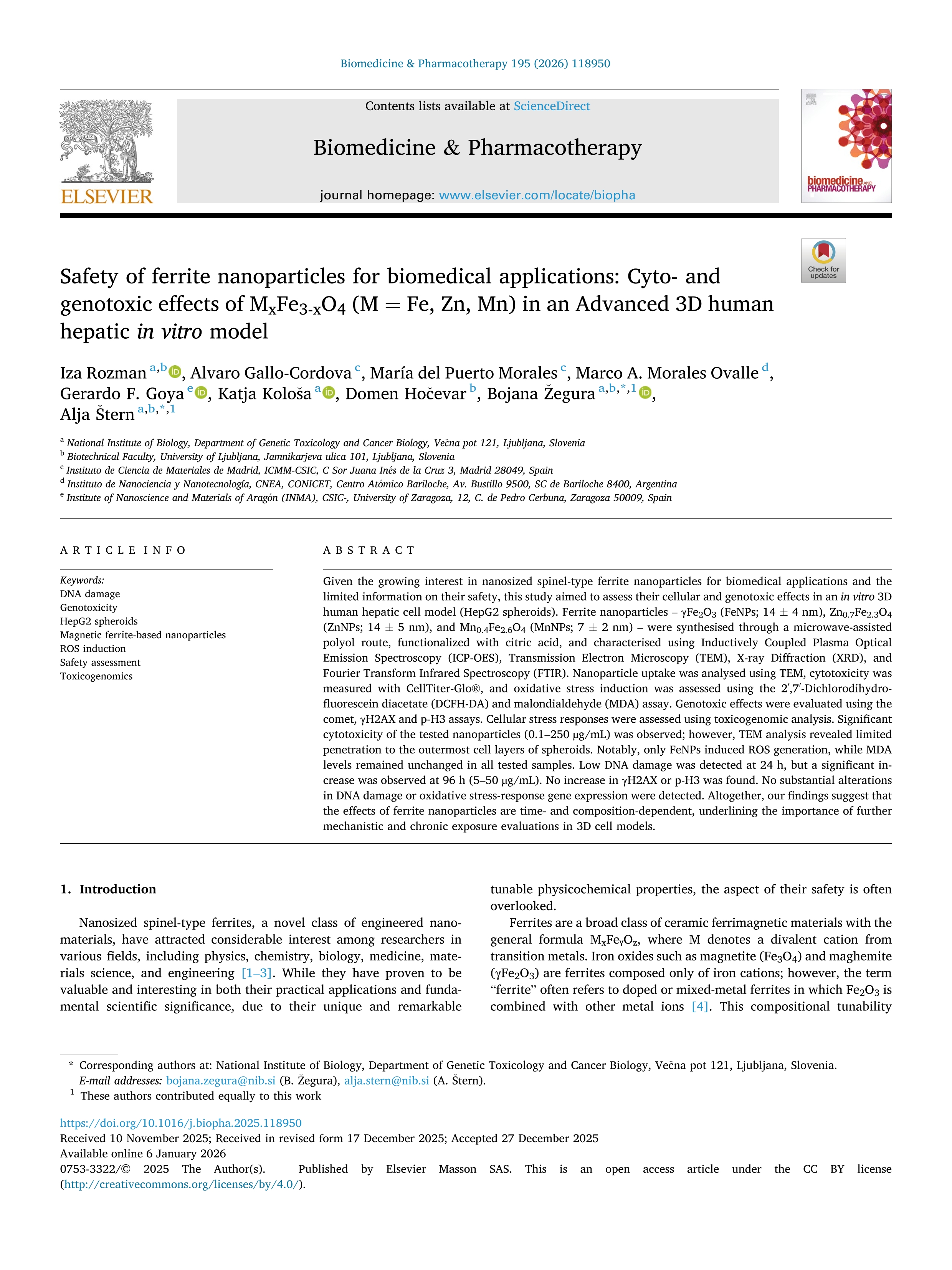 Safety of ferrite nanoparticles for biomedical applications: Cyto- and genotoxic effects of MxFe3-xO4 (M = Fe, Zn, Mn) in an Advanced 3D human hepatic in vitro model