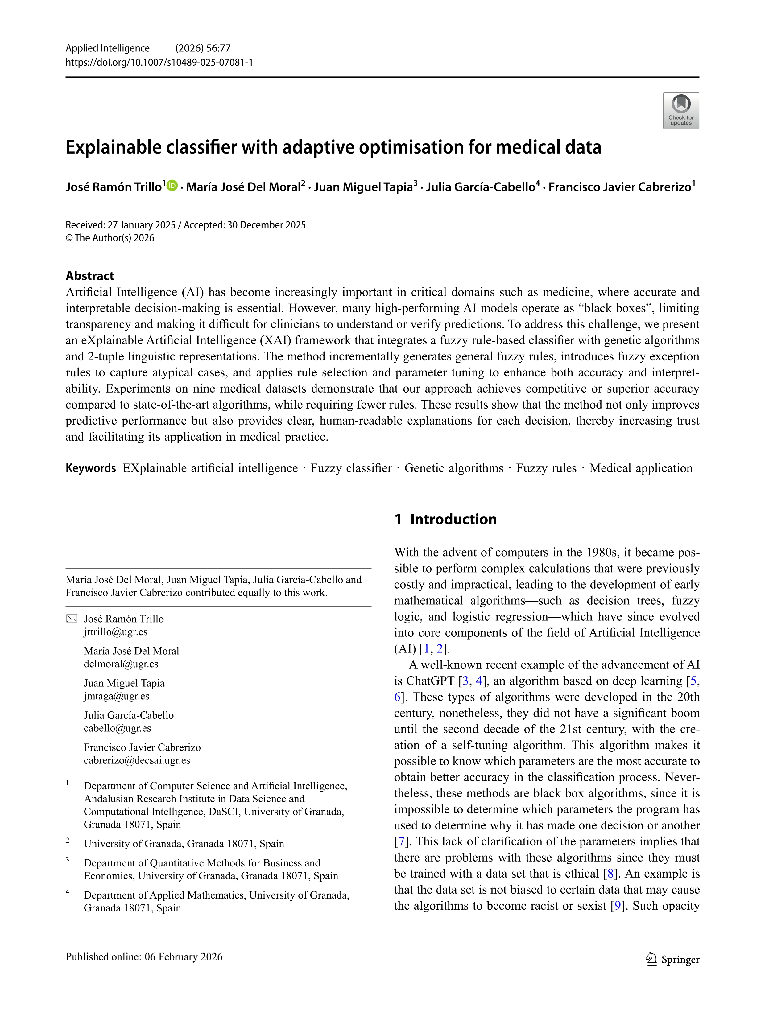 Explainable classifier with adaptive optimisation for medical data