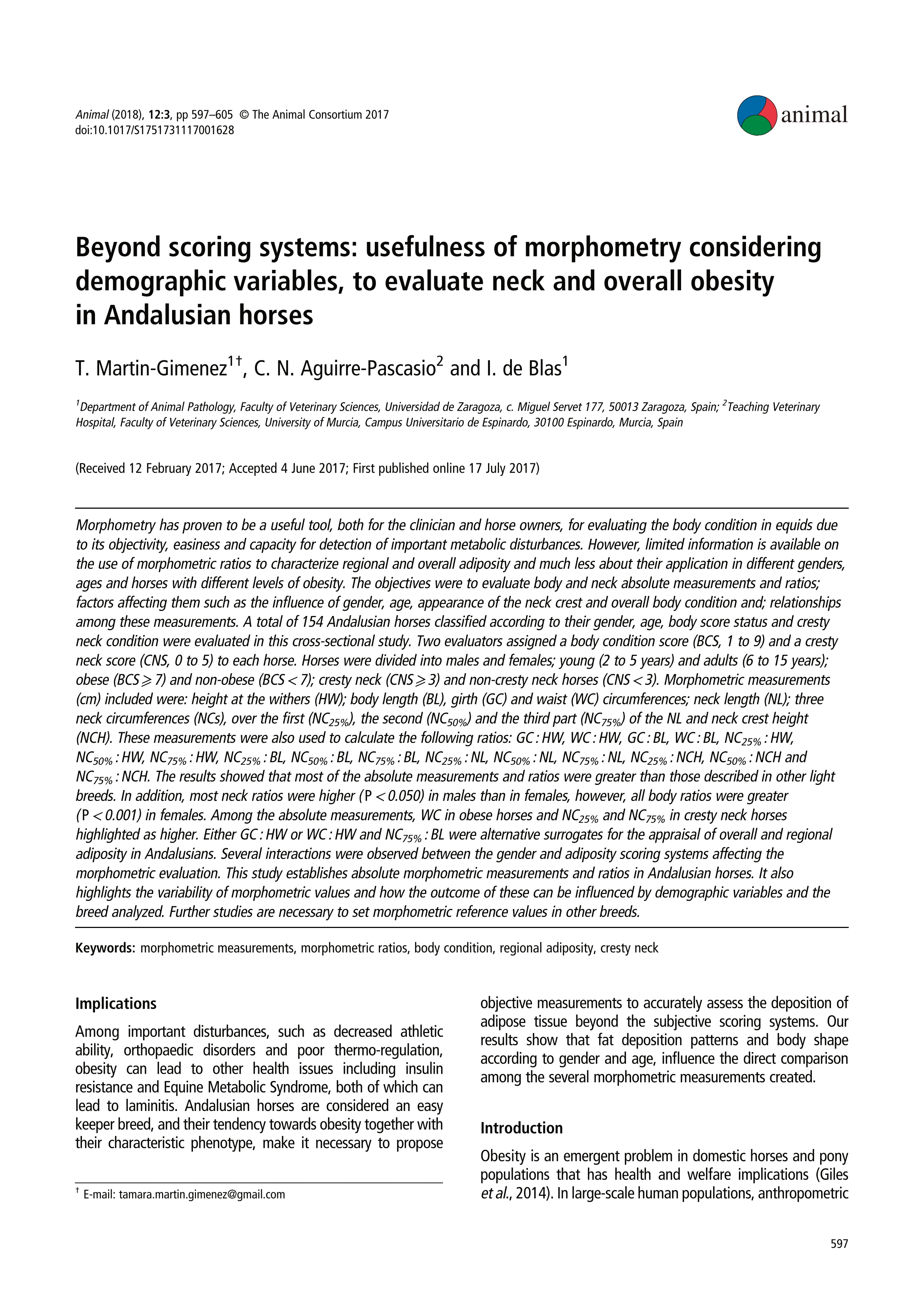 Beyond scoring systems: usefulness of morphometry considering demographic variables, to evaluate neck and overall obesity in Andalusian horses