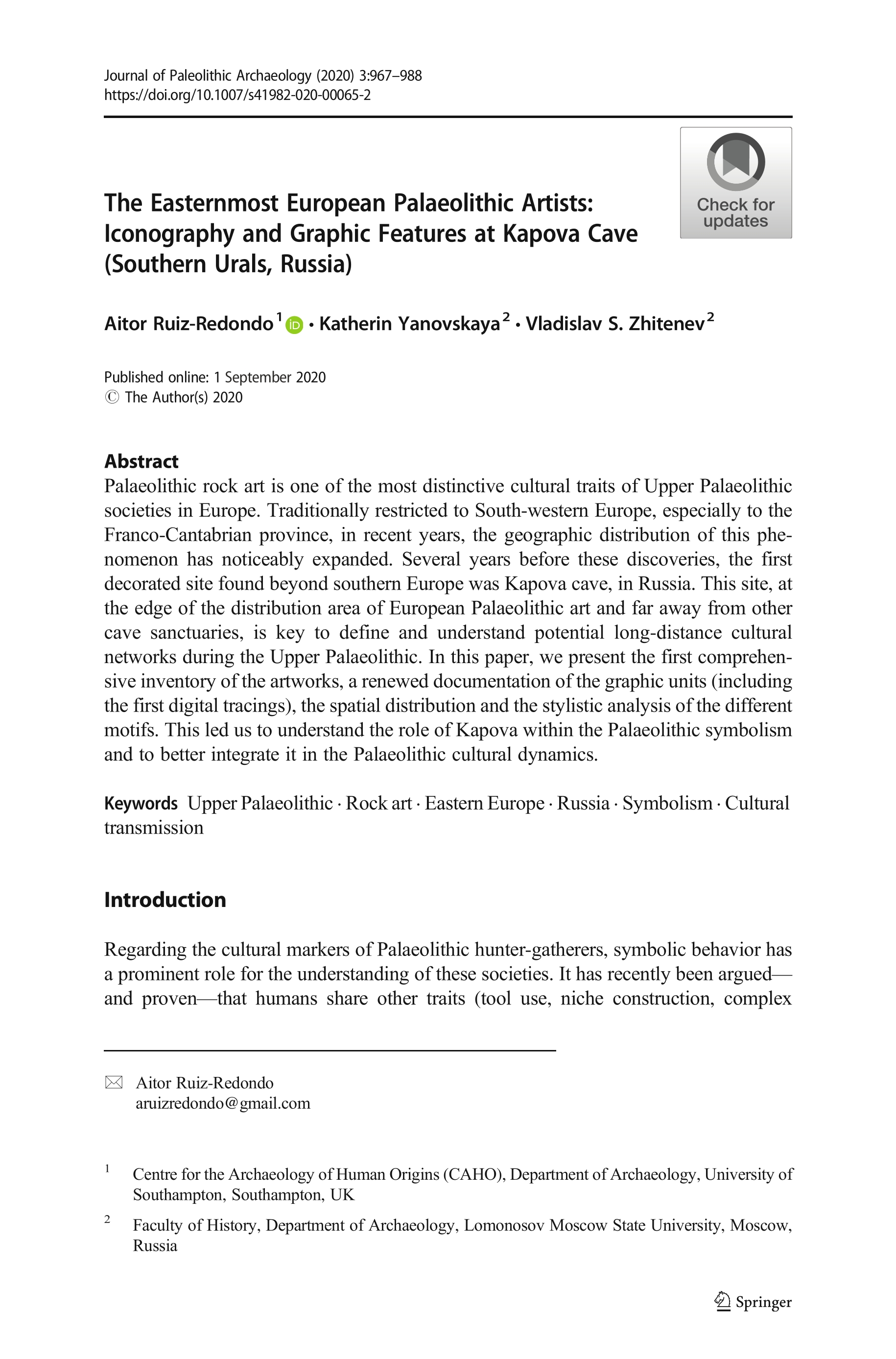 The Easternmost European Palaeolithic Artists: Iconography and Graphic Features at Kapova Cave (Southern Urals, Russia)
