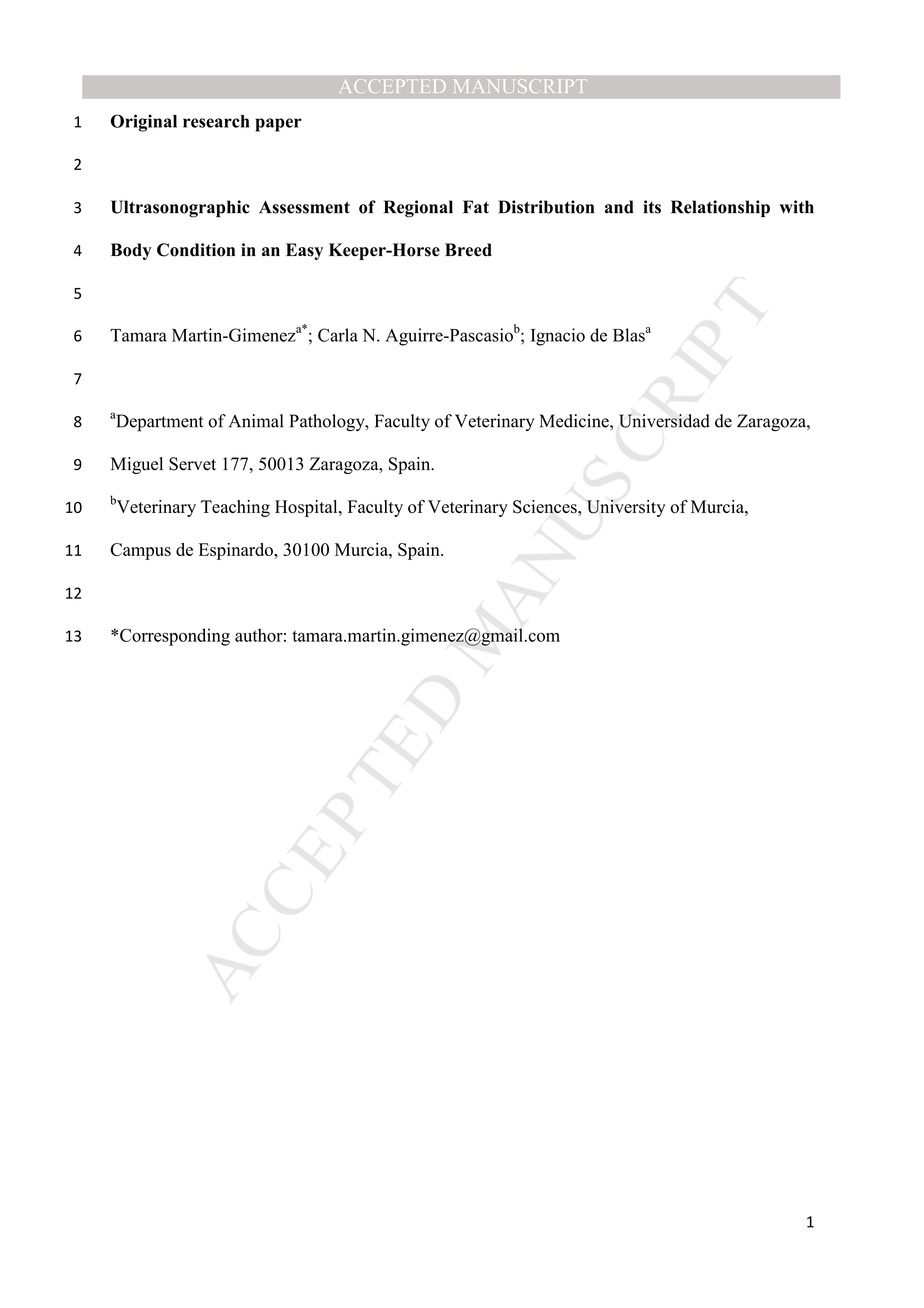 Ultrasonographic Assessment of Regional Fat Distribution and Its Relationship With Body Condition in an Easy Keeper Horse Breed