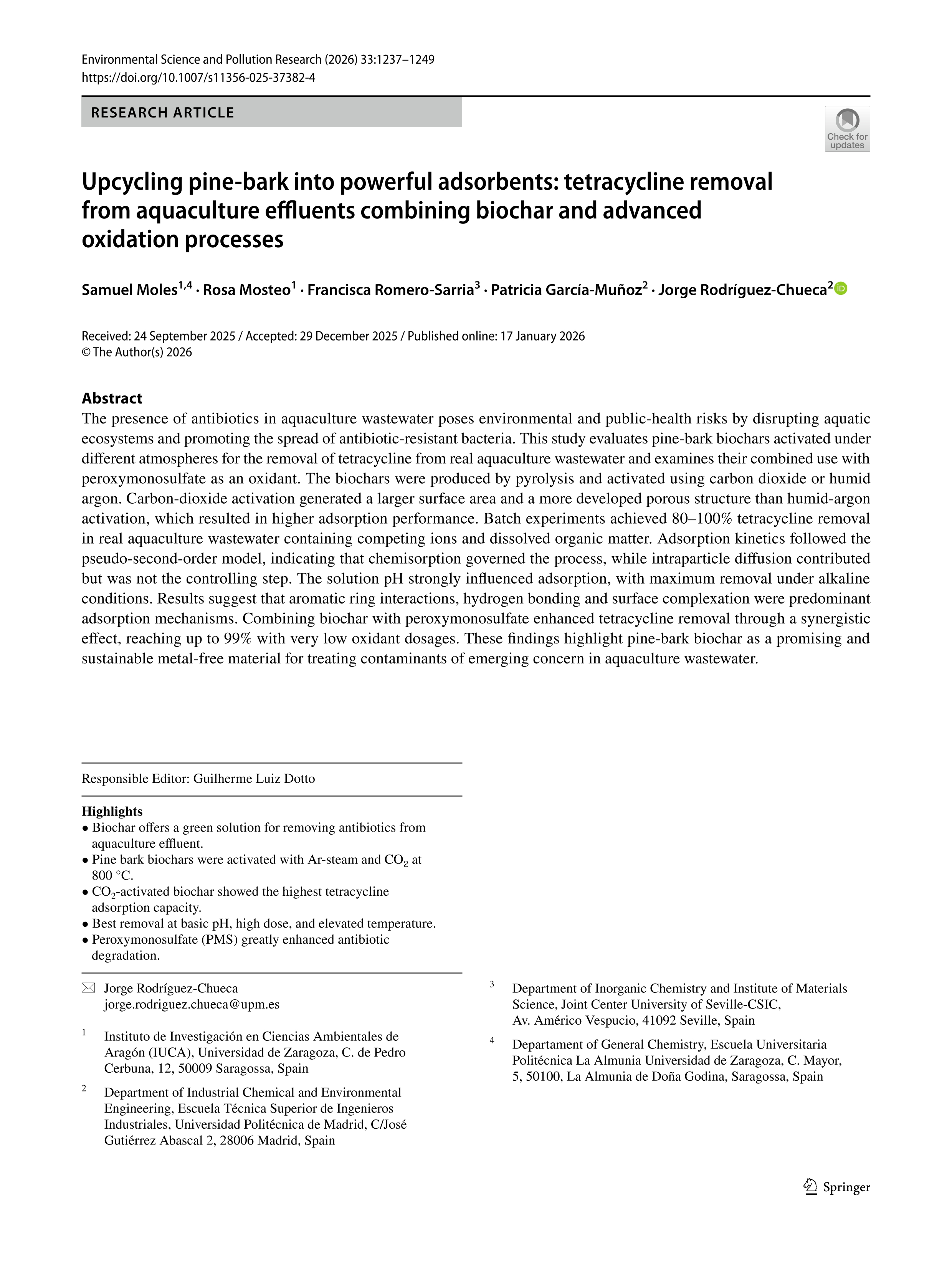 Upcycling pine-bark into powerful adsorbents: tetracycline removal from aquaculture effluents combining biochar and advanced oxidation processes