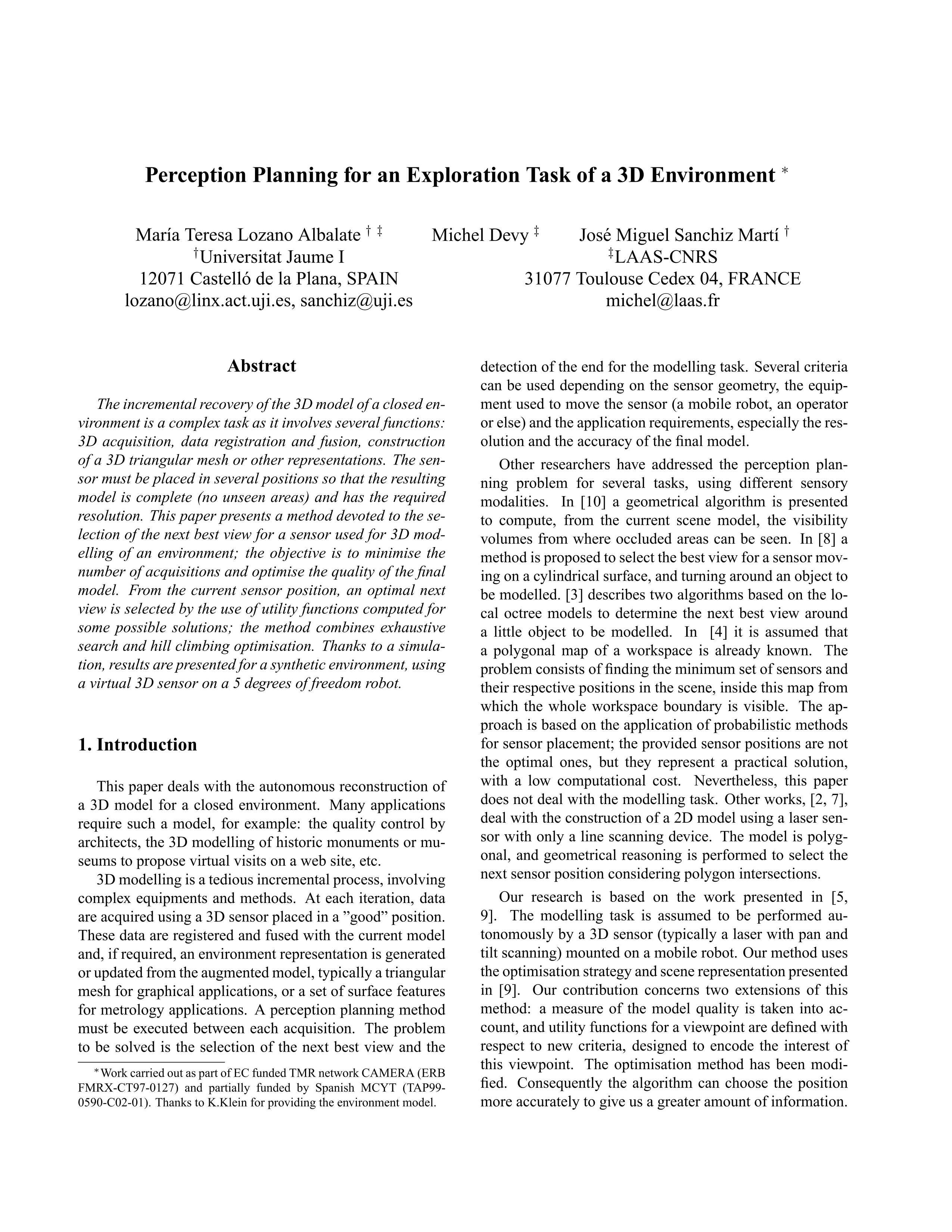 Perception planning for an exploration task of a 3D environment
