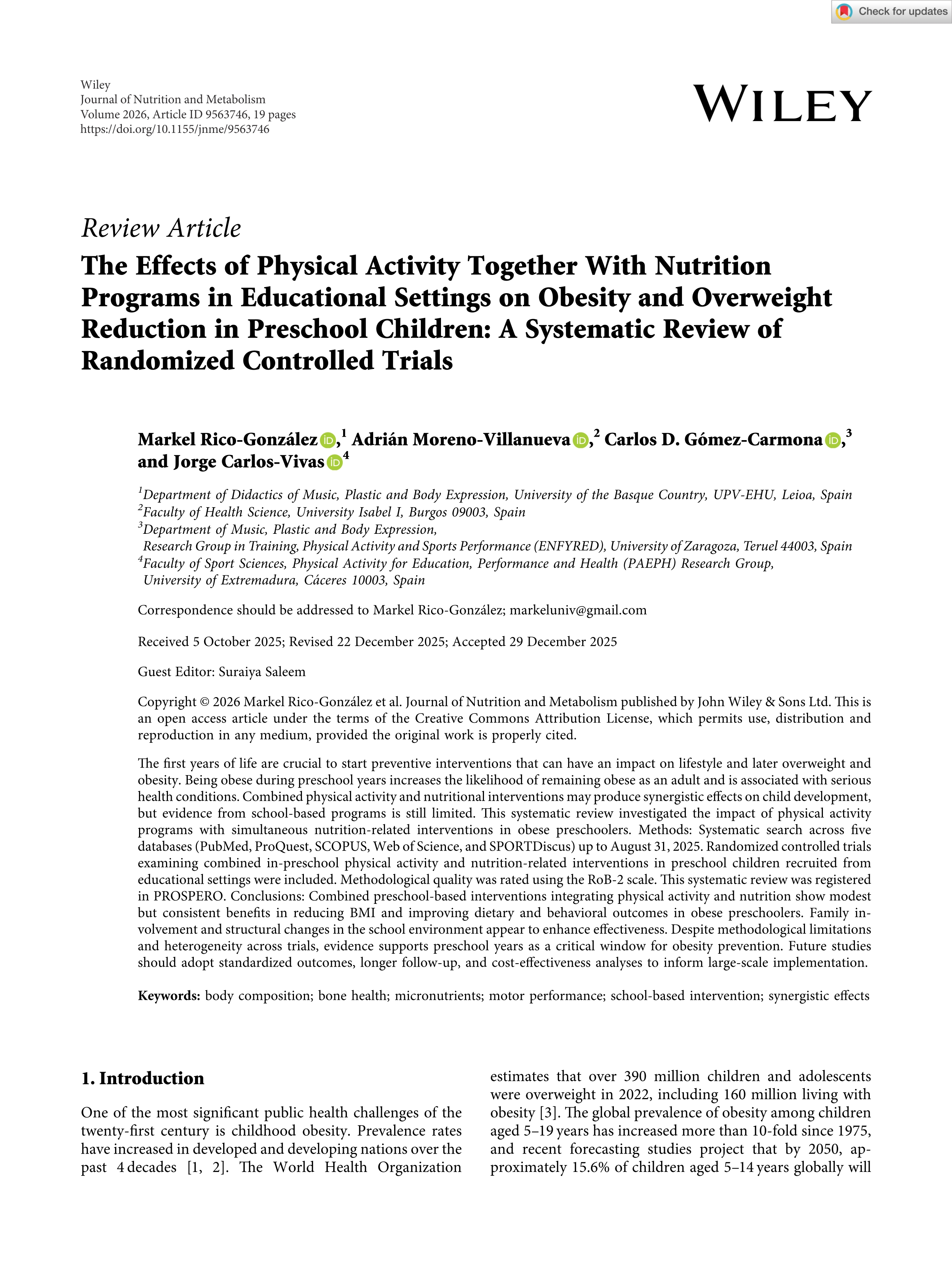 The effects of physical activity together with nutrition programs in educational settings on obesity and overweight reduction in preschool children: a systematic review of randomized controlled trials
