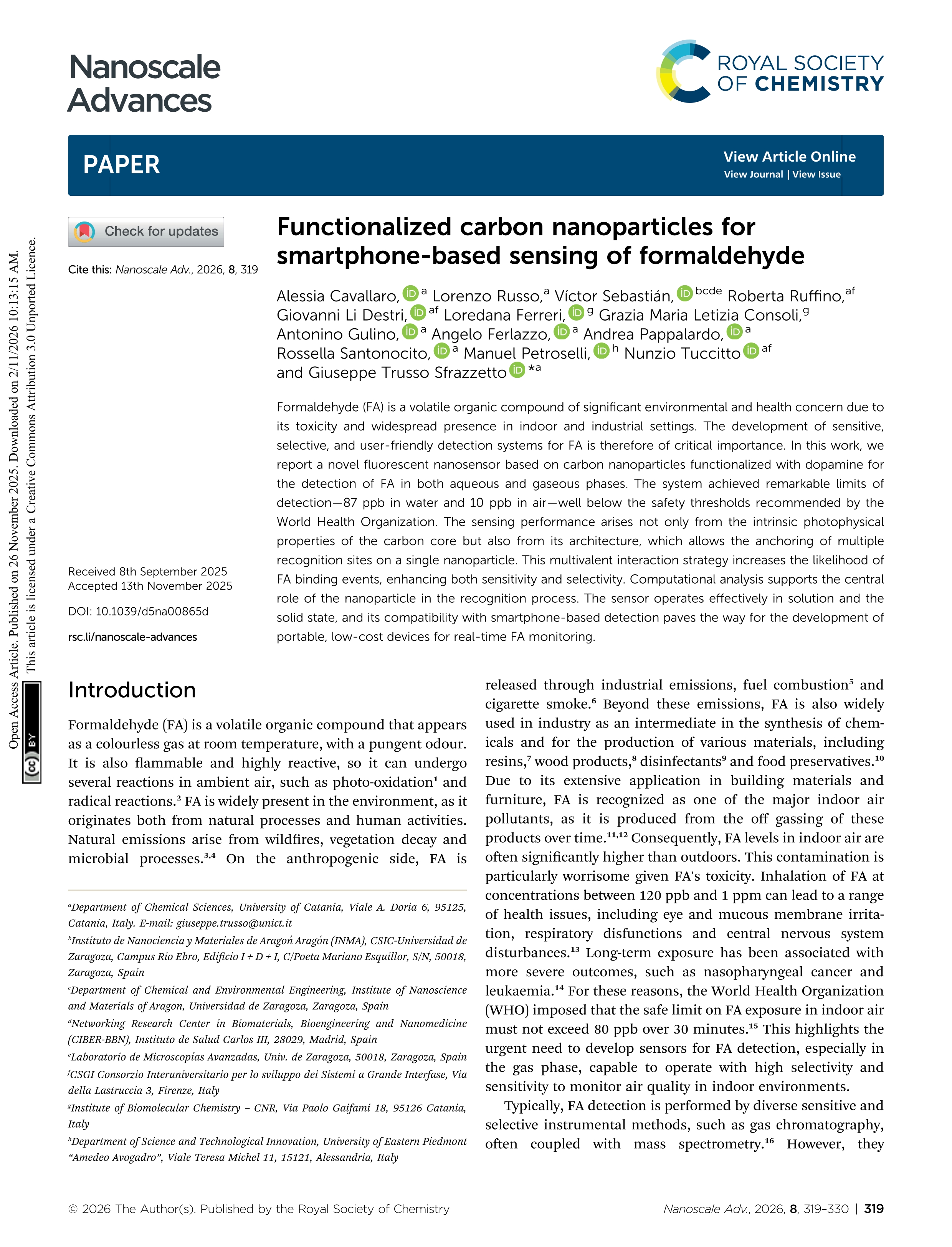 Functionalized carbon nanoparticles for smartphone-based sensing of formaldehyde