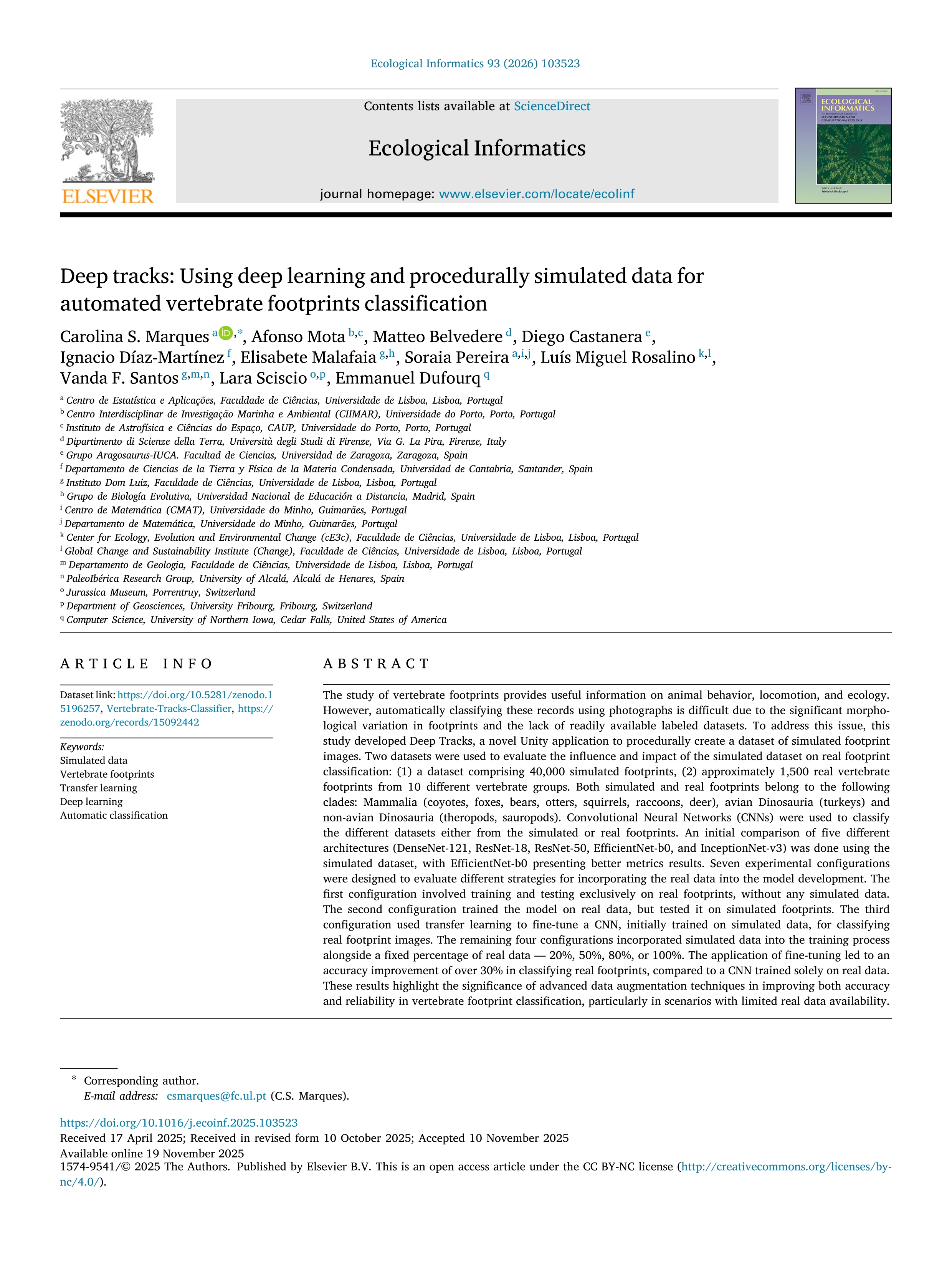 Deep tracks: Using deep learning and procedurally simulated data for automated vertebrate footprints classification