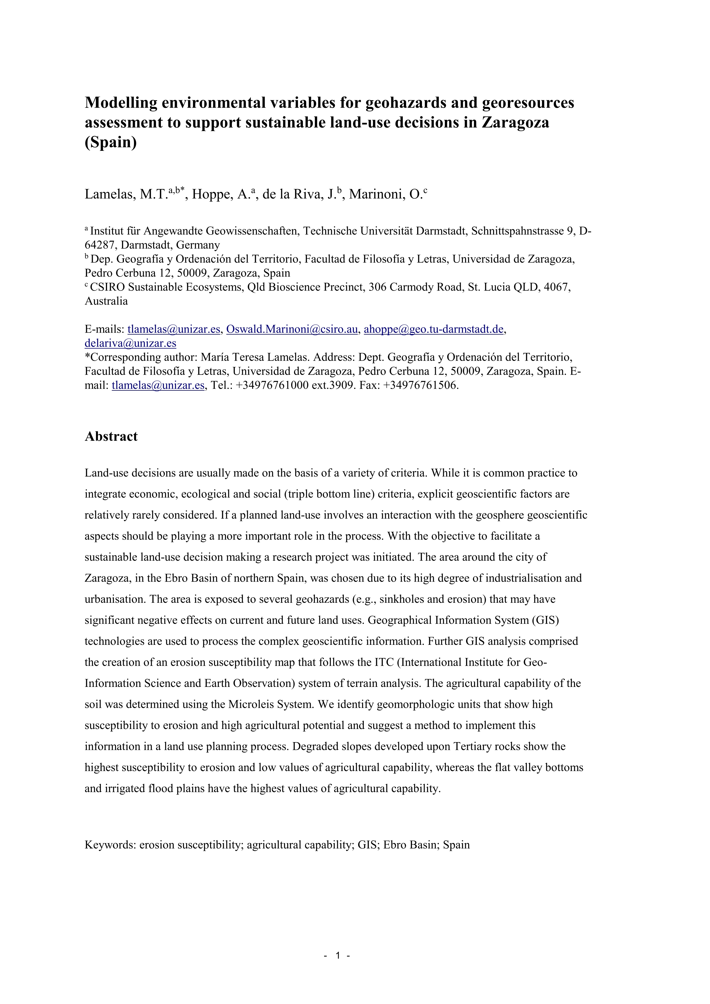 Modelling environmental variables for geohazards and georesources assessment to support sustainable land-use decisions in Zaragoza (Spain)