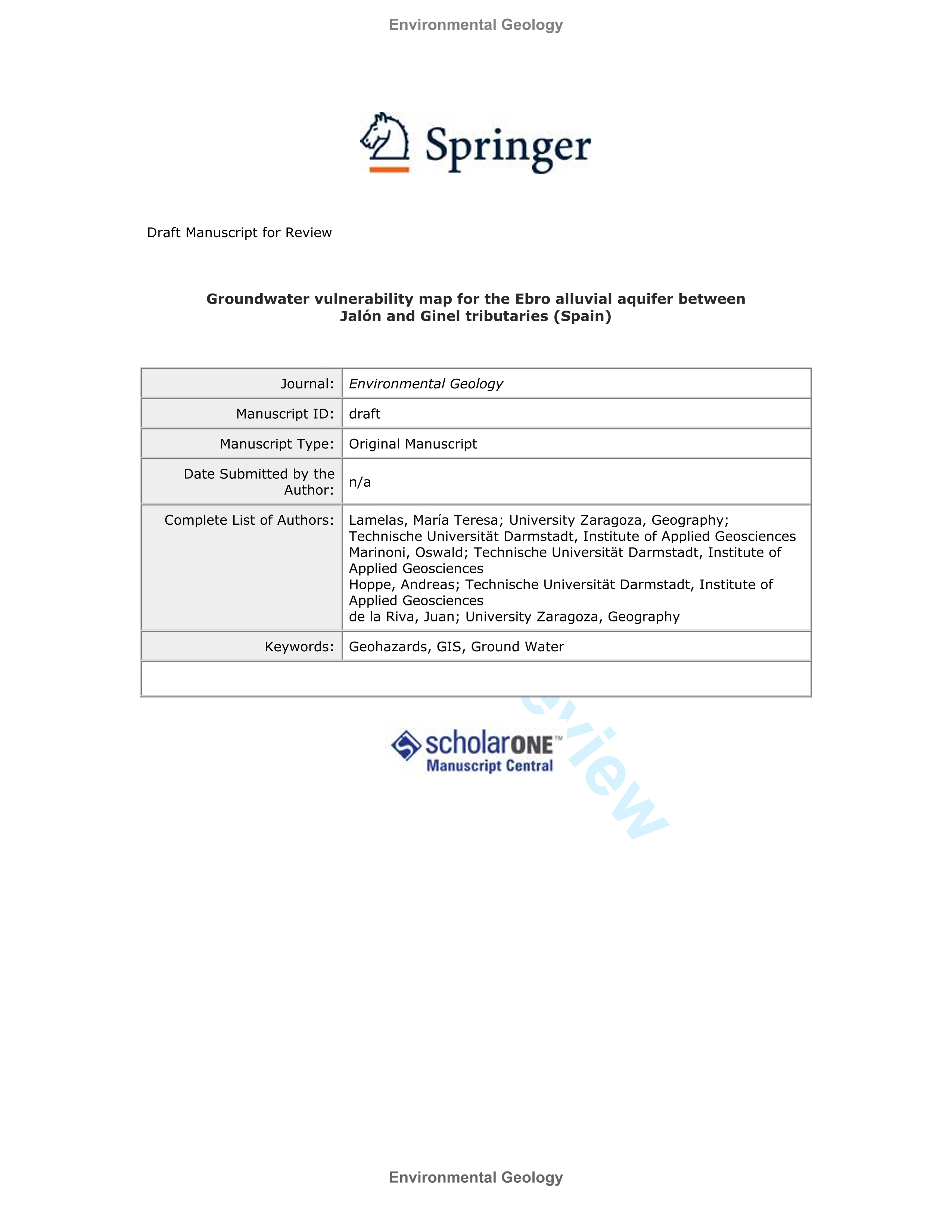 Groundwater vulnerability map for the Ebro alluvial aquifer between Jalón and Ginel tributaries (Spain)